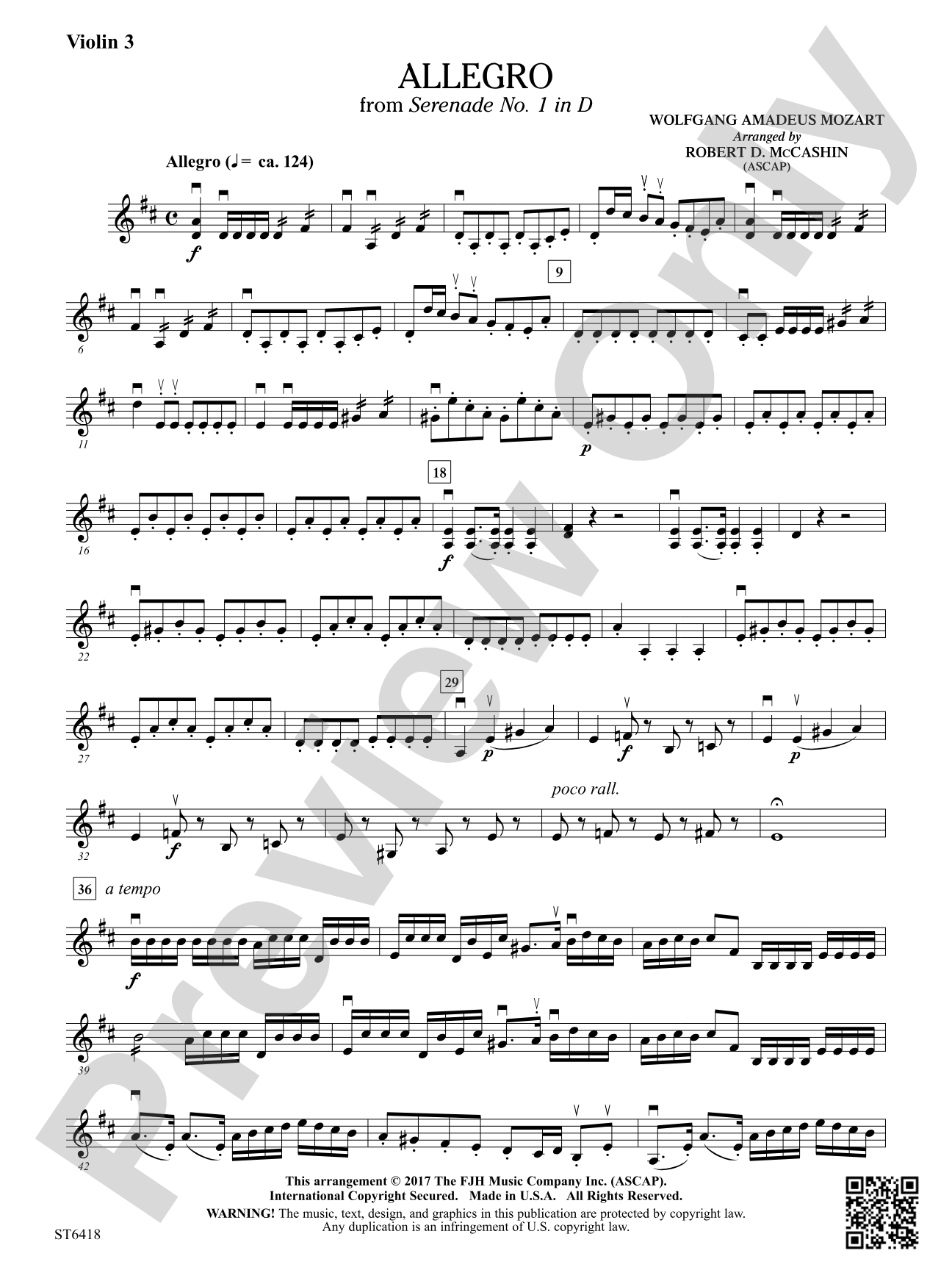 Allegro from Serenade No 1 in D: Violin 3 (Viola T.C.)