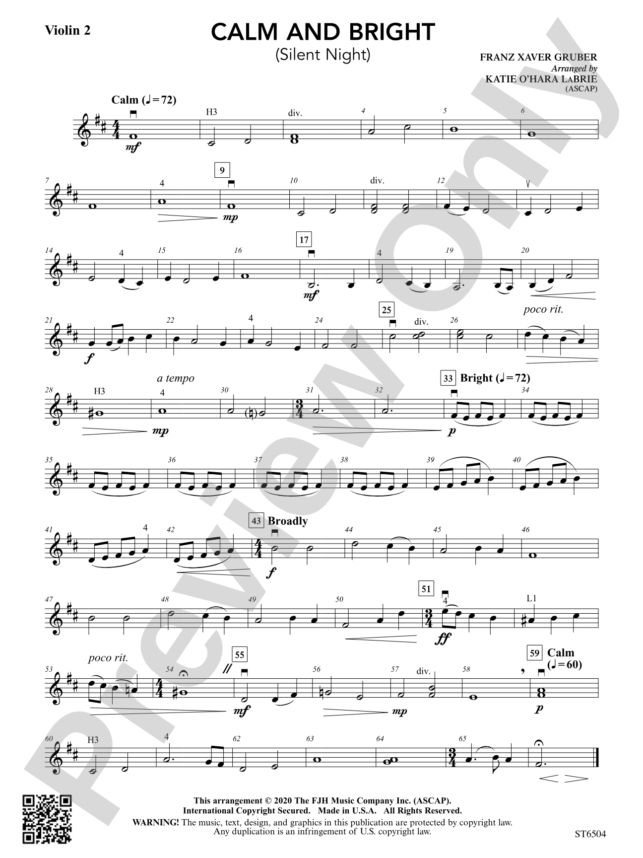 Calm and Bright (Silent Night): Violin 2