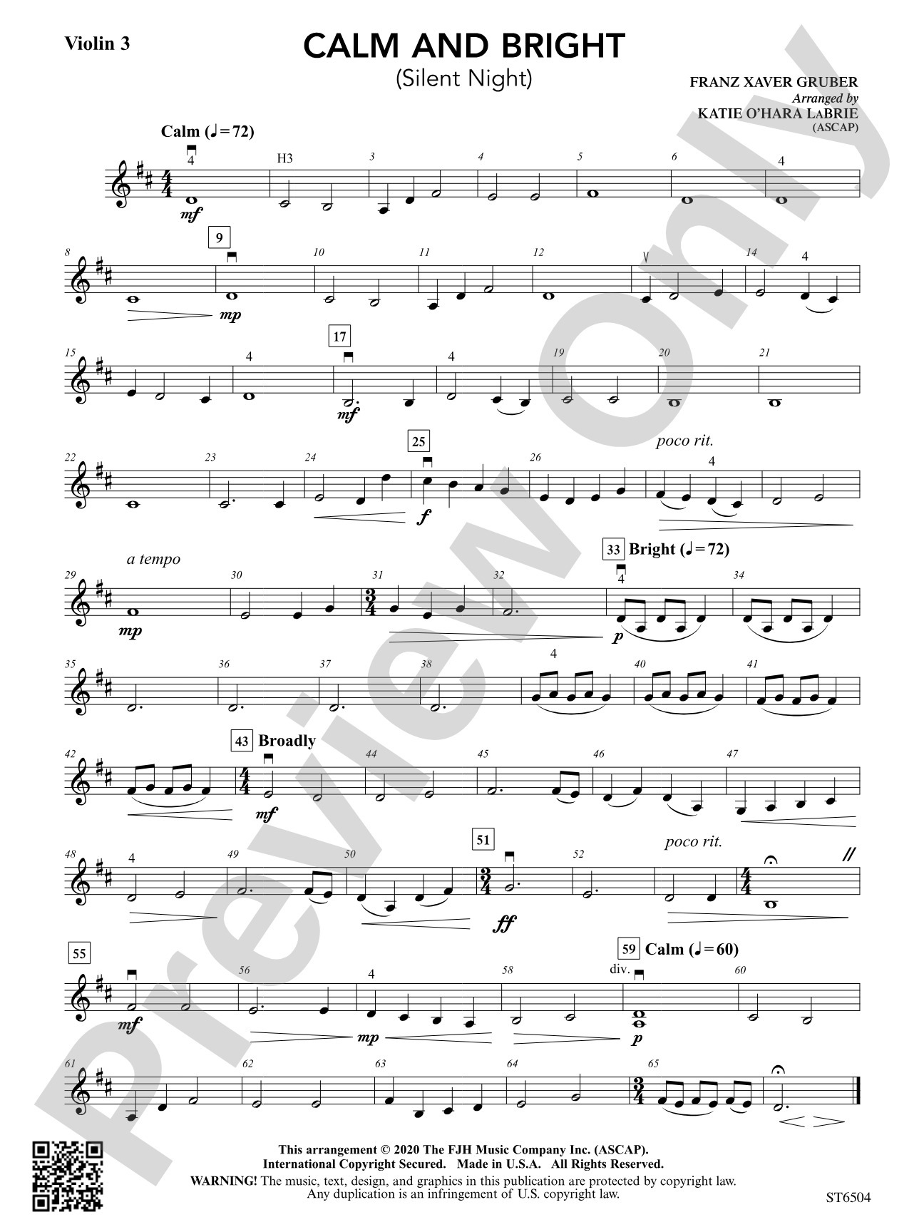 Calm and Bright (Silent Night): Violin 3 (Viola T.C.)