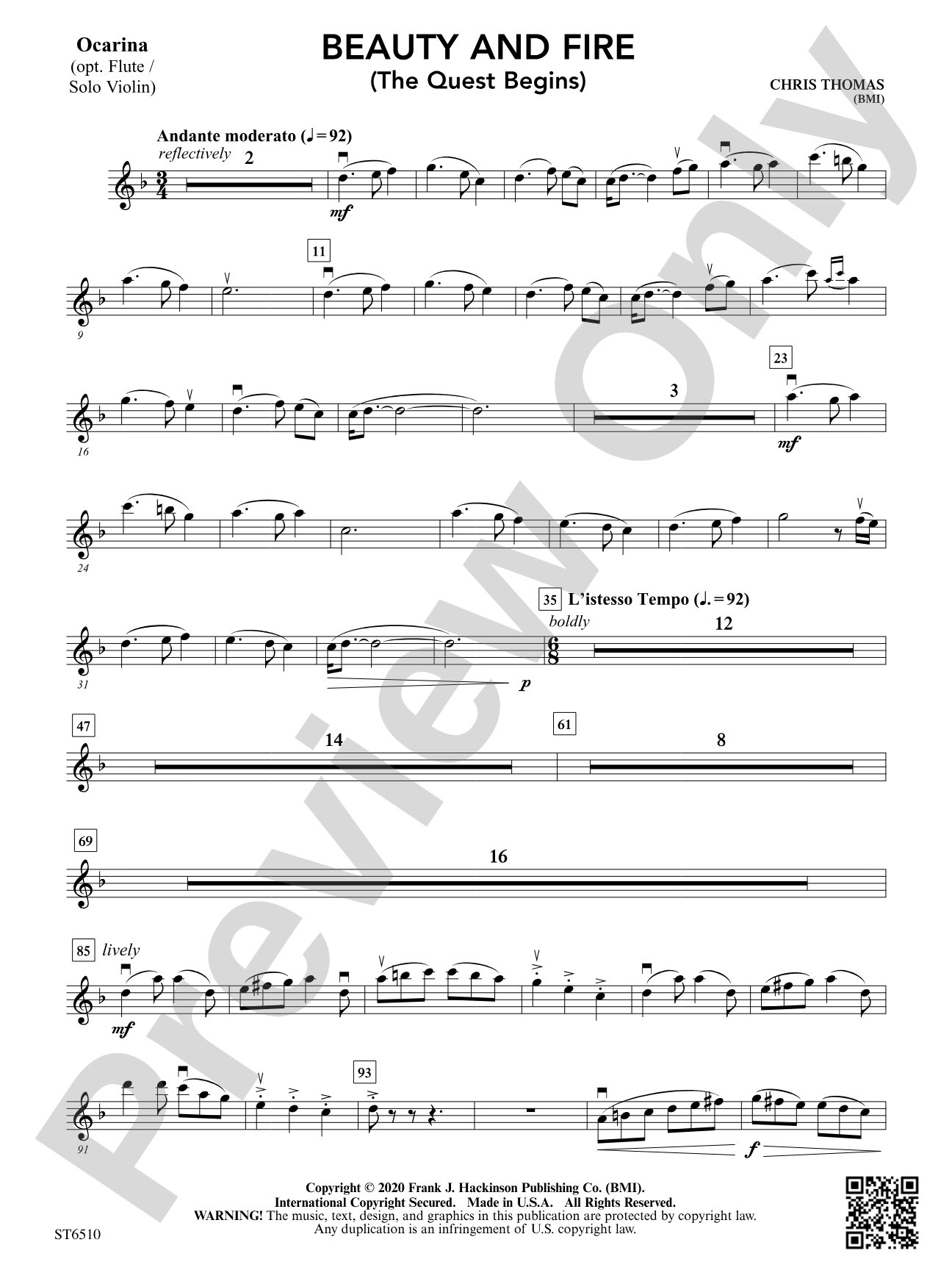 Beauty and Fire (The Quest Begins): Ocarina (opt. Flute or Solo Violin)
