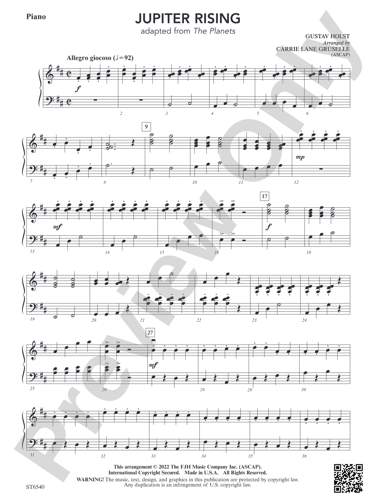 Jupiter Rising (Adapted from <i>The Planets</i>): Piano