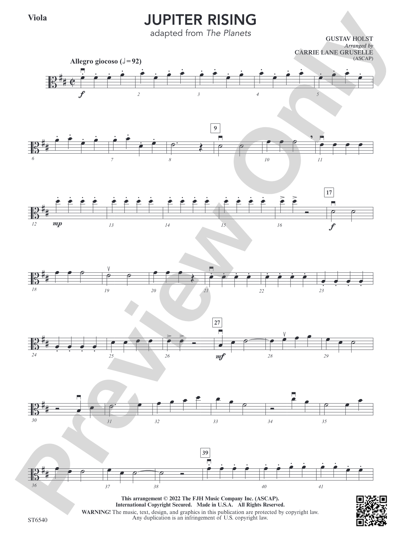 Jupiter Rising (Adapted from <i>The Planets</i>): Viola