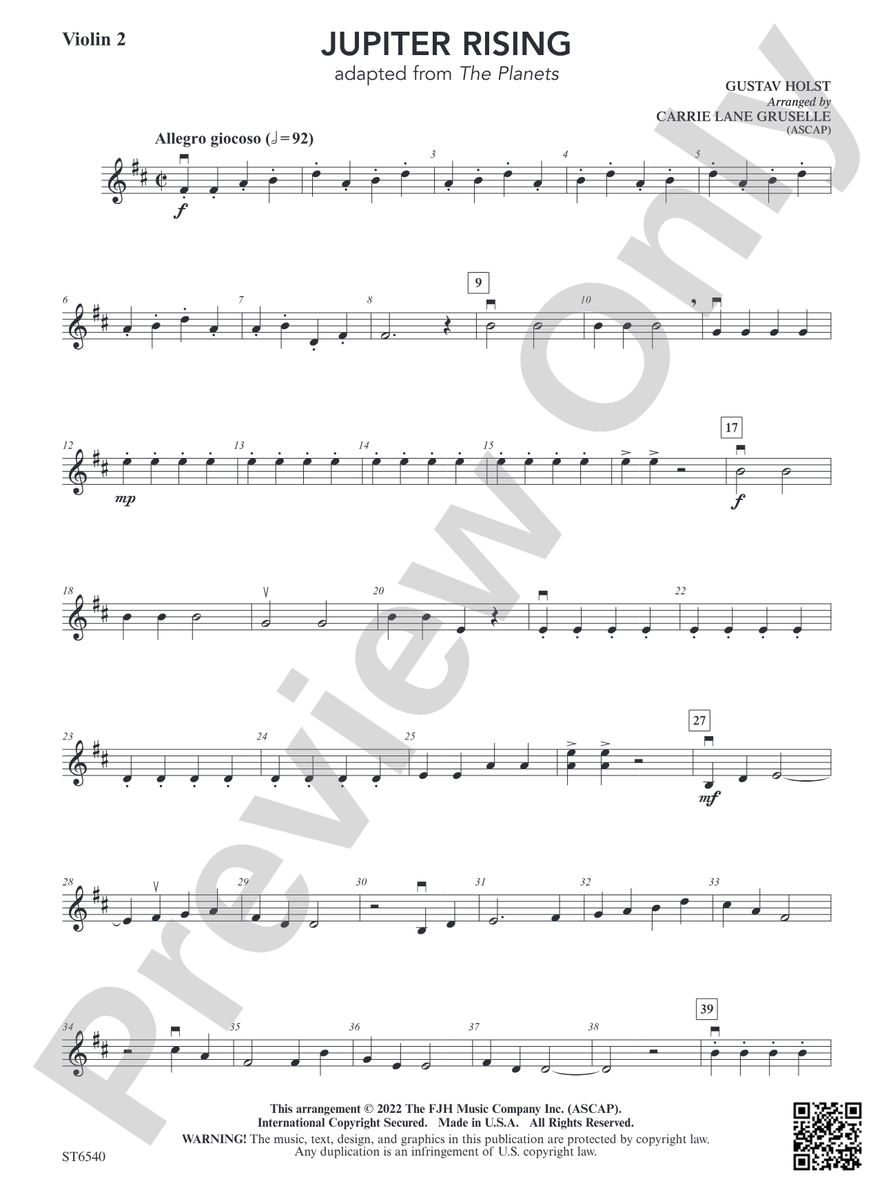 Jupiter Rising (Adapted from <i>The Planets</i>): Violin 2