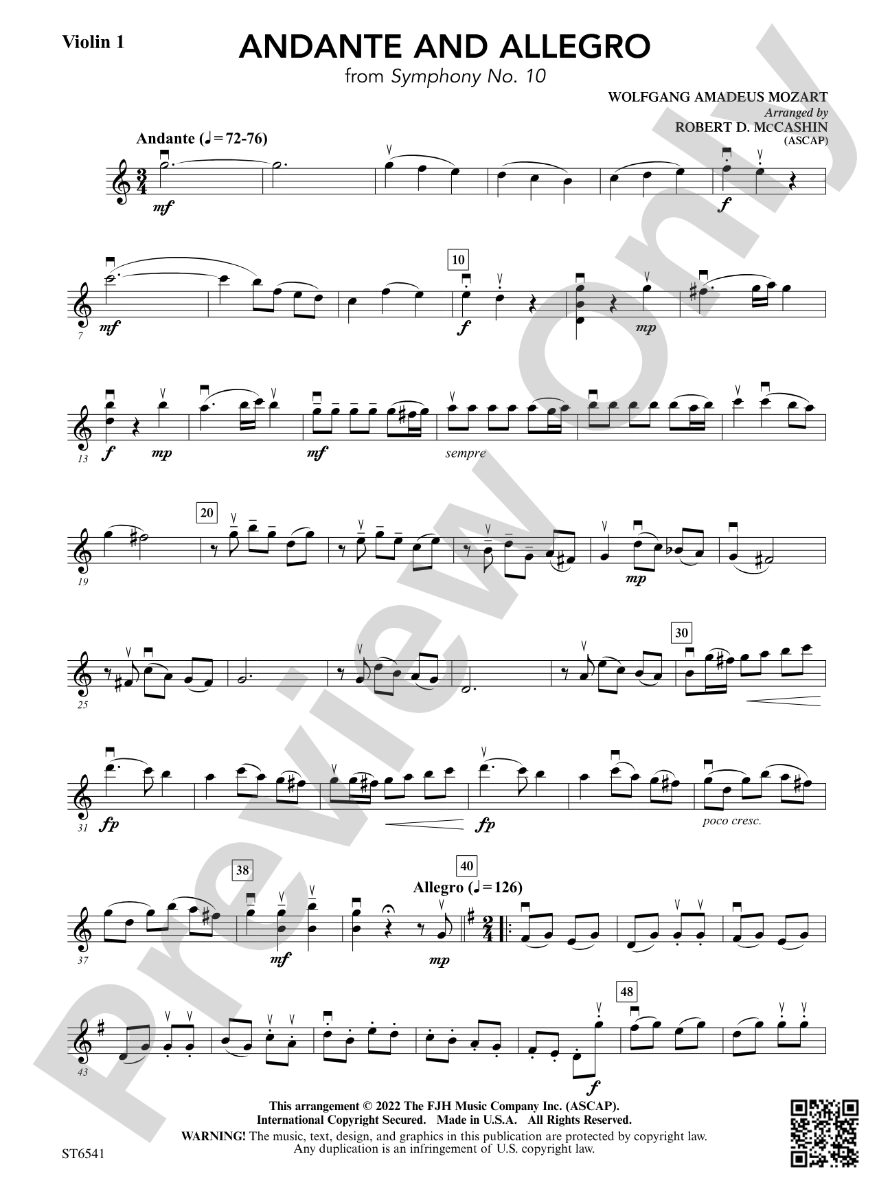 Andante and Allegro (From <i>Symphony No. 10</i>): Violin 1