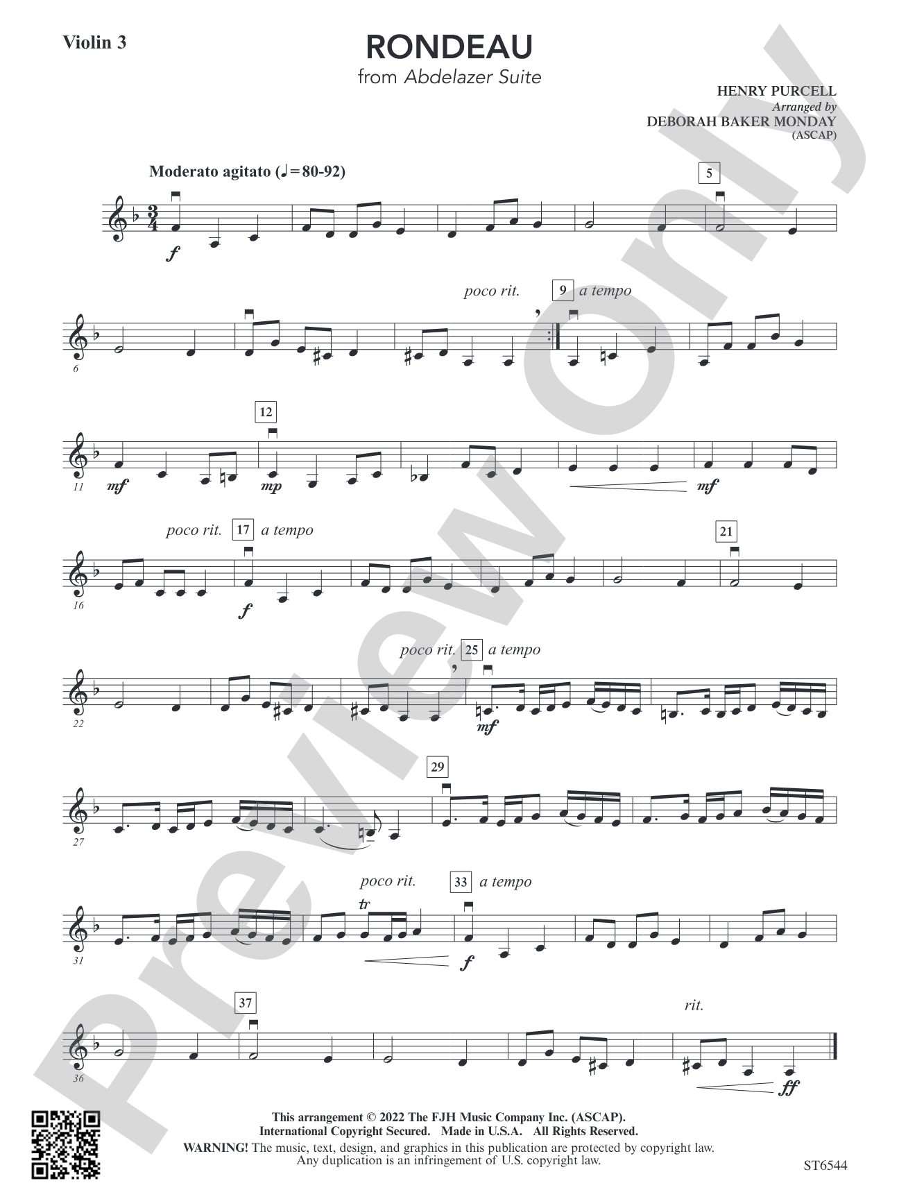 Rondeau (from Abdelazer Suite): Violin 3 (Viola T.C.)