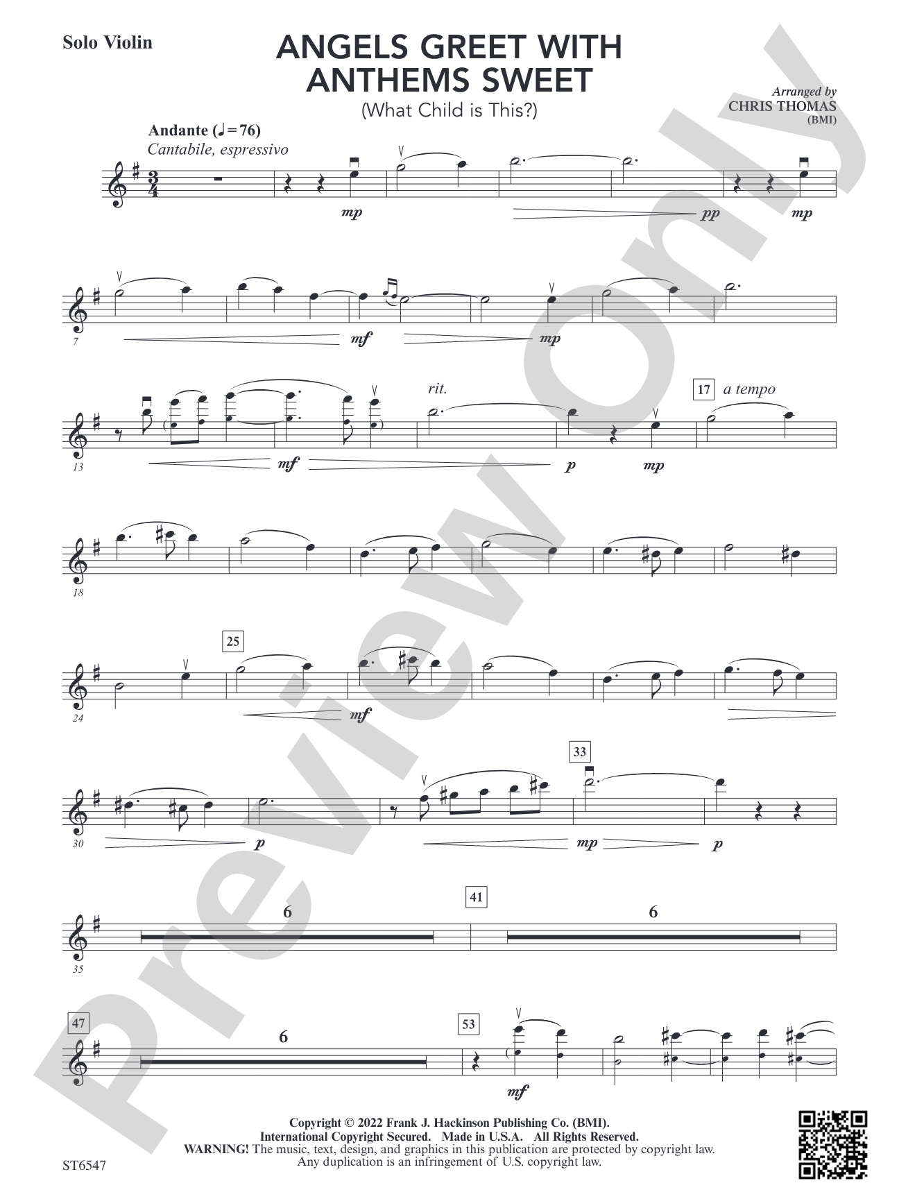 Angels Greet with Anthems Sweet (What Child is This?): Optional Solo Violin (instead of Recorder)