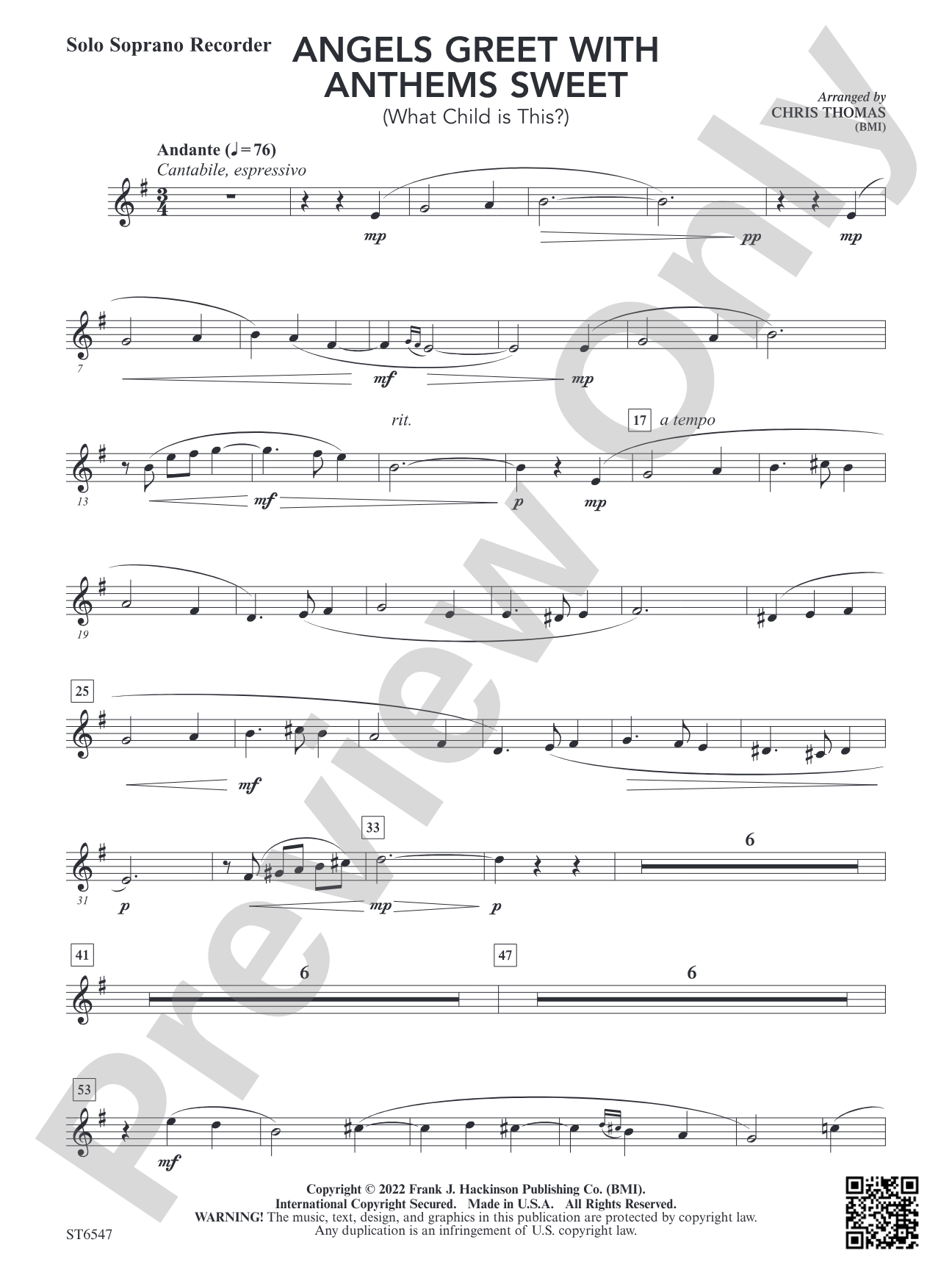 Angels Greet with Anthems Sweet (What Child is This?): Solo Soprano Recorder