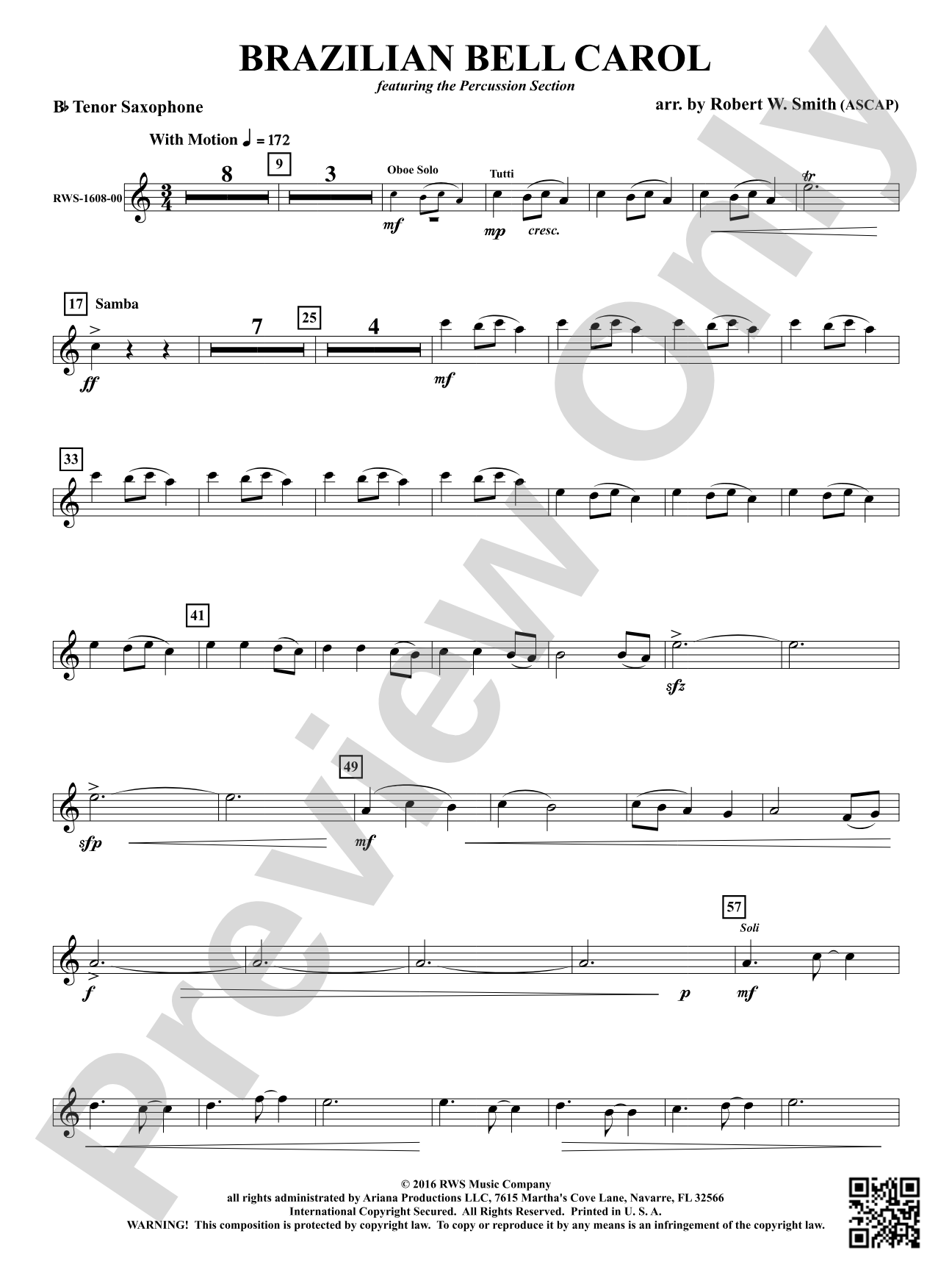 Brazilian Bell Carol: B-flat Tenor Saxophone