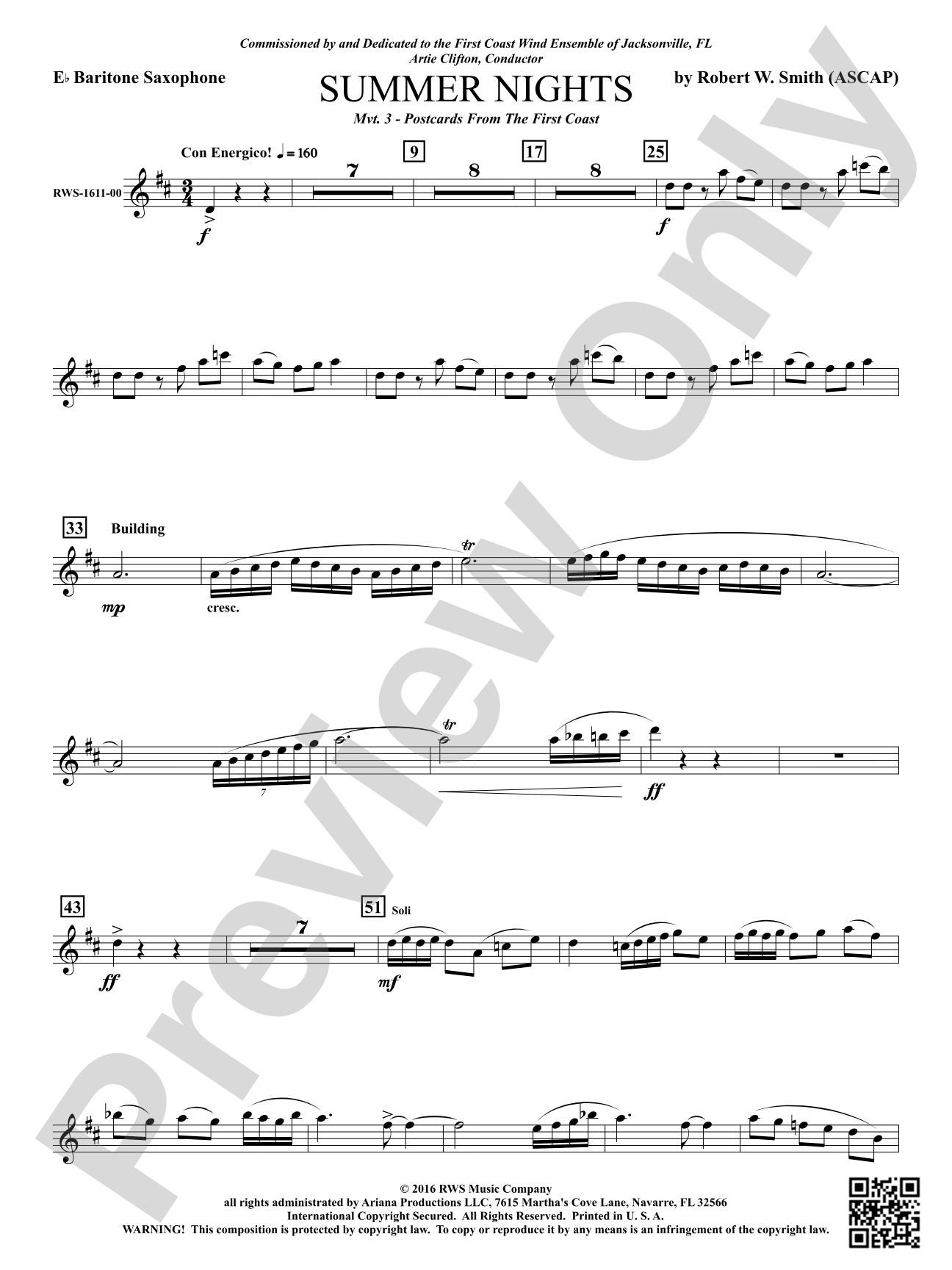 Summer Nights - Mvt. 3 - Postcards from the First Coast: E-flat Baritone Saxophone