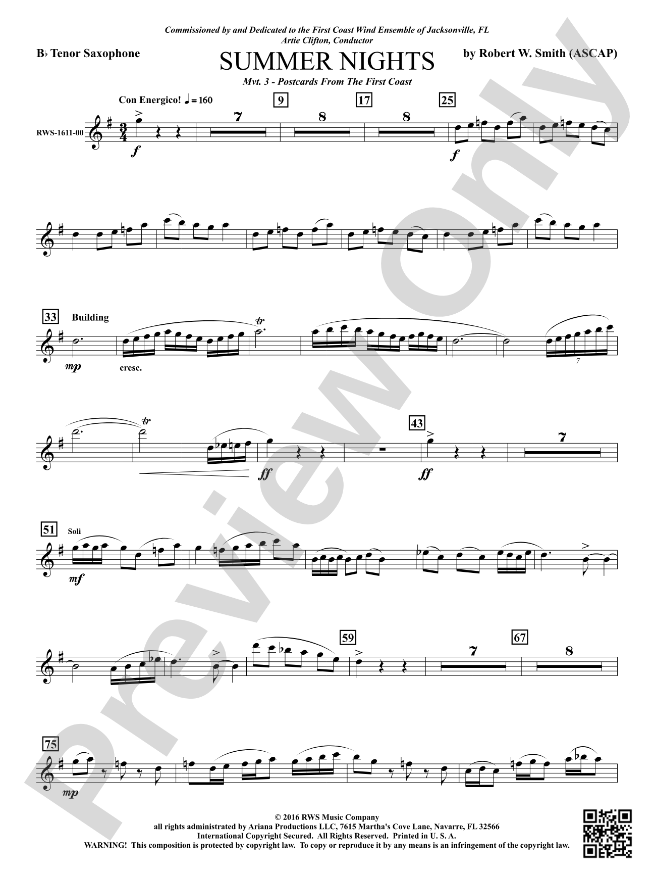 Summer Nights - Mvt. 3 - Postcards from the First Coast: B-flat Tenor Saxophone