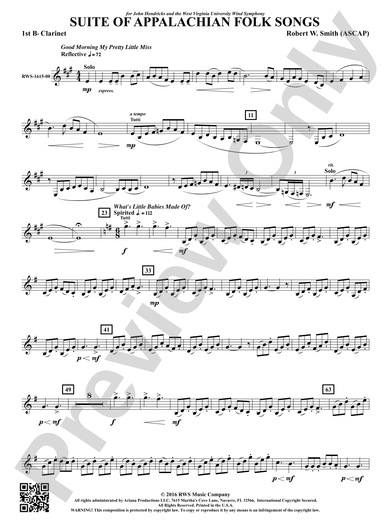 Suite of Appalachian Folk Songs: 1st B-flat Clarinet