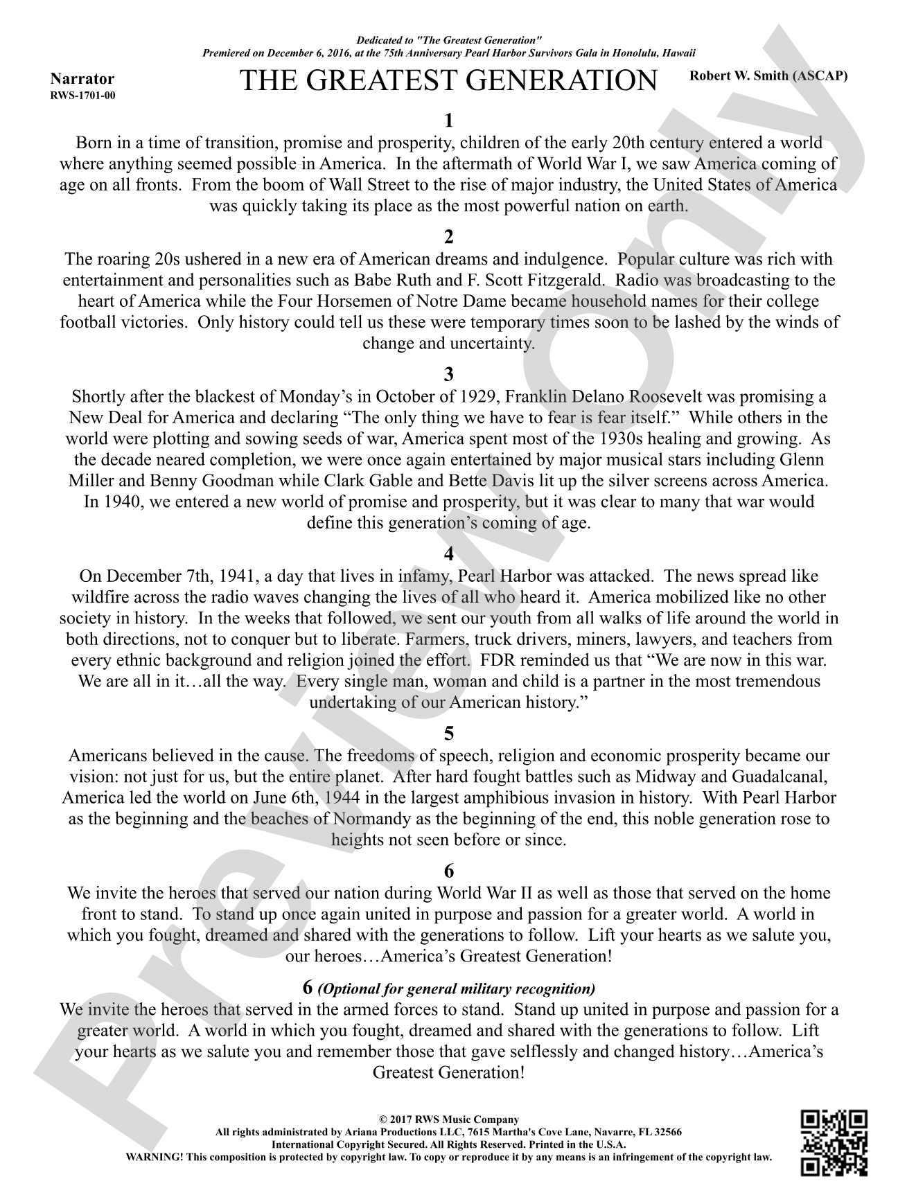 The Greatest Generation - For Symphonic Band: Narrator