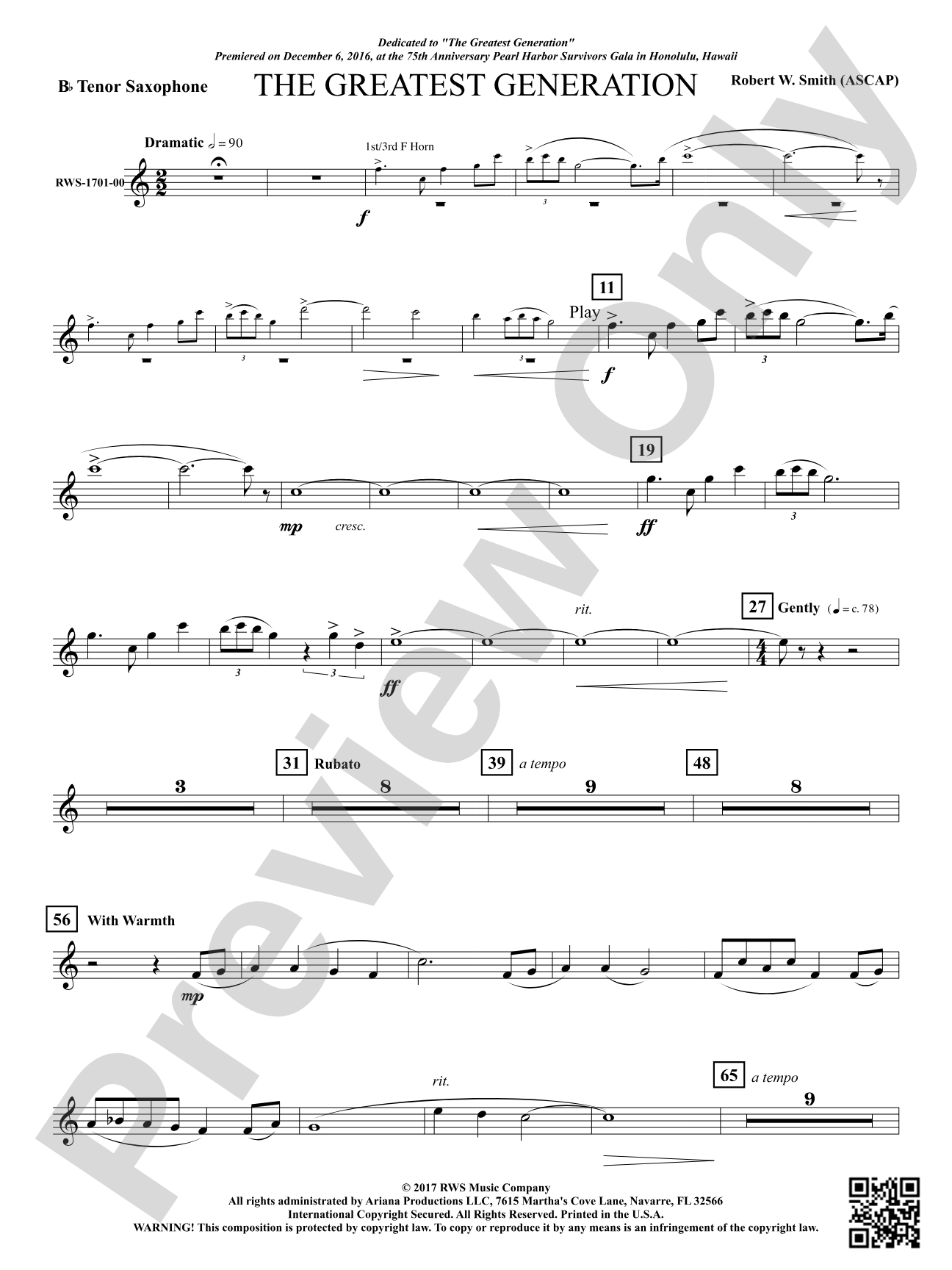 The Greatest Generation - For Symphonic Band: B-flat Tenor Saxophone
