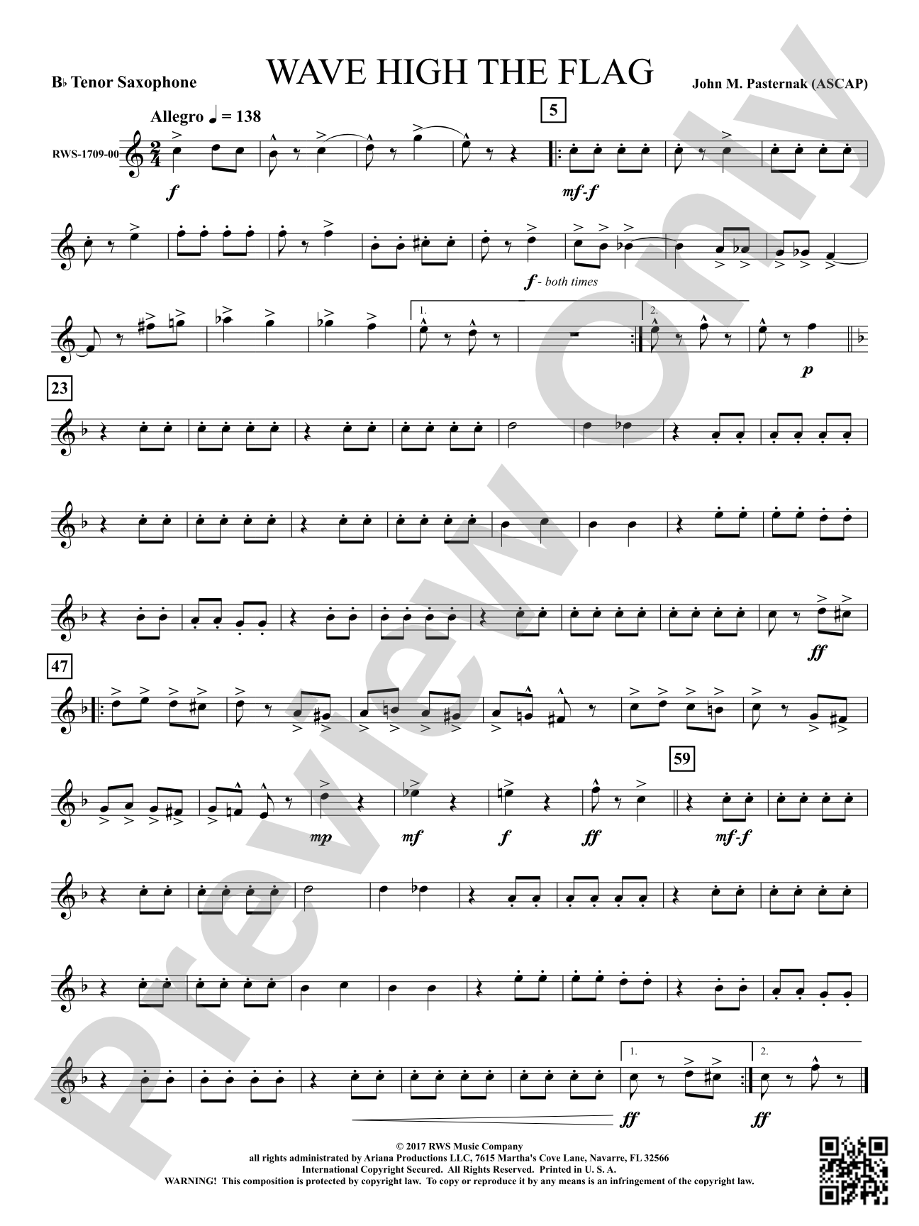 Wave High the Flag: B-flat Tenor Saxophone