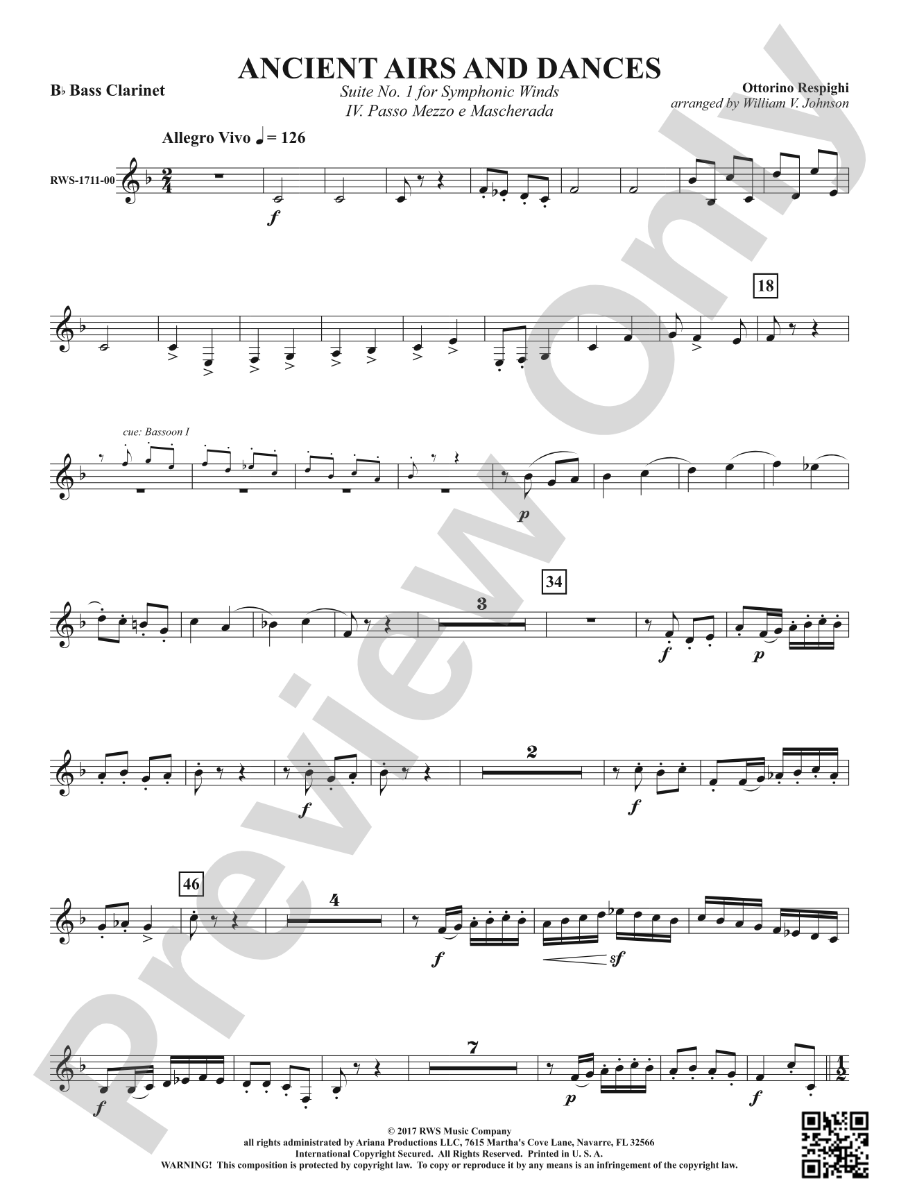 Ancient Airs and Dances - Suite No. 1 for Symphonic Winds - IV. Passo Mezzo e Mascherada: B-flat Bass Clarinet