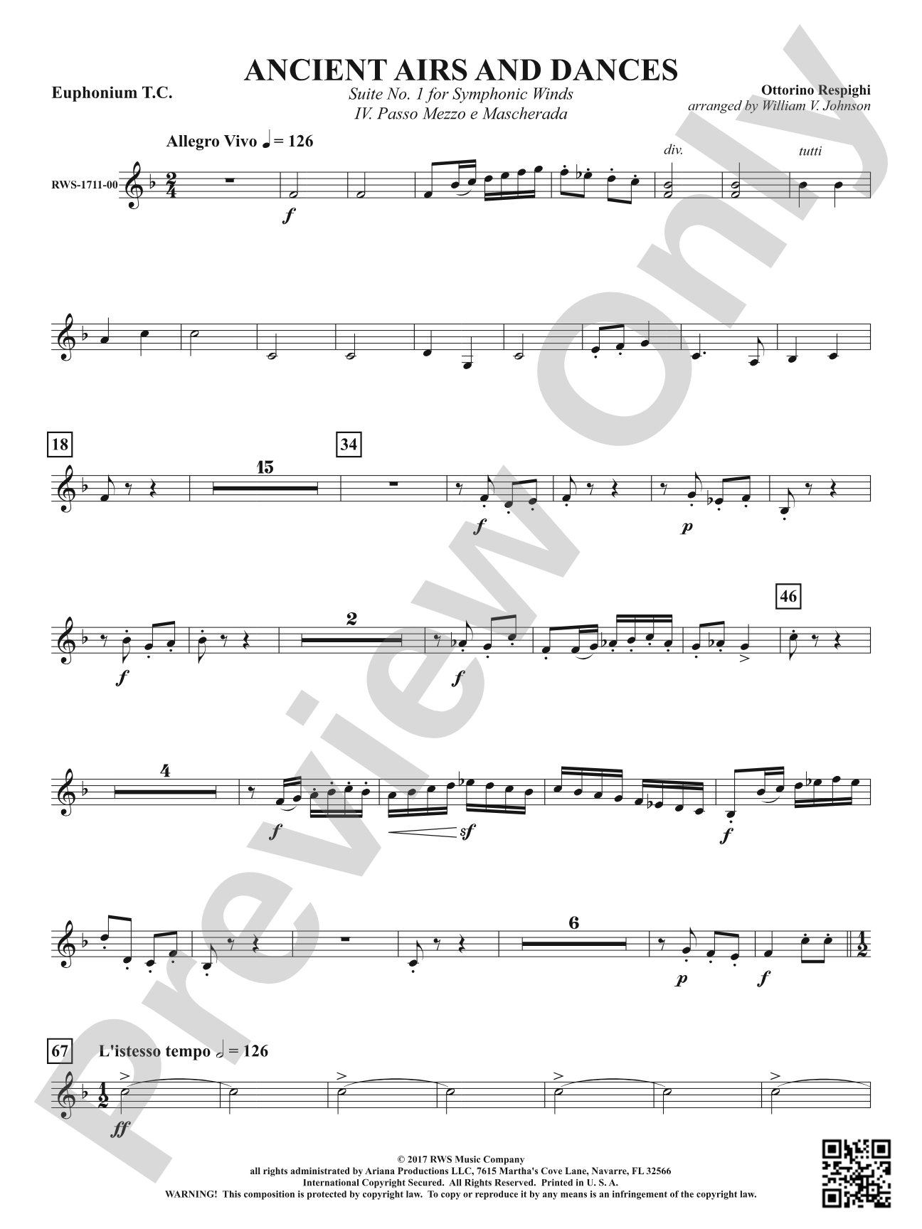 Ancient Airs and Dances - Suite No. 1 for Symphonic Winds - IV. Passo Mezzo e Mascherada: Baritone T.C.