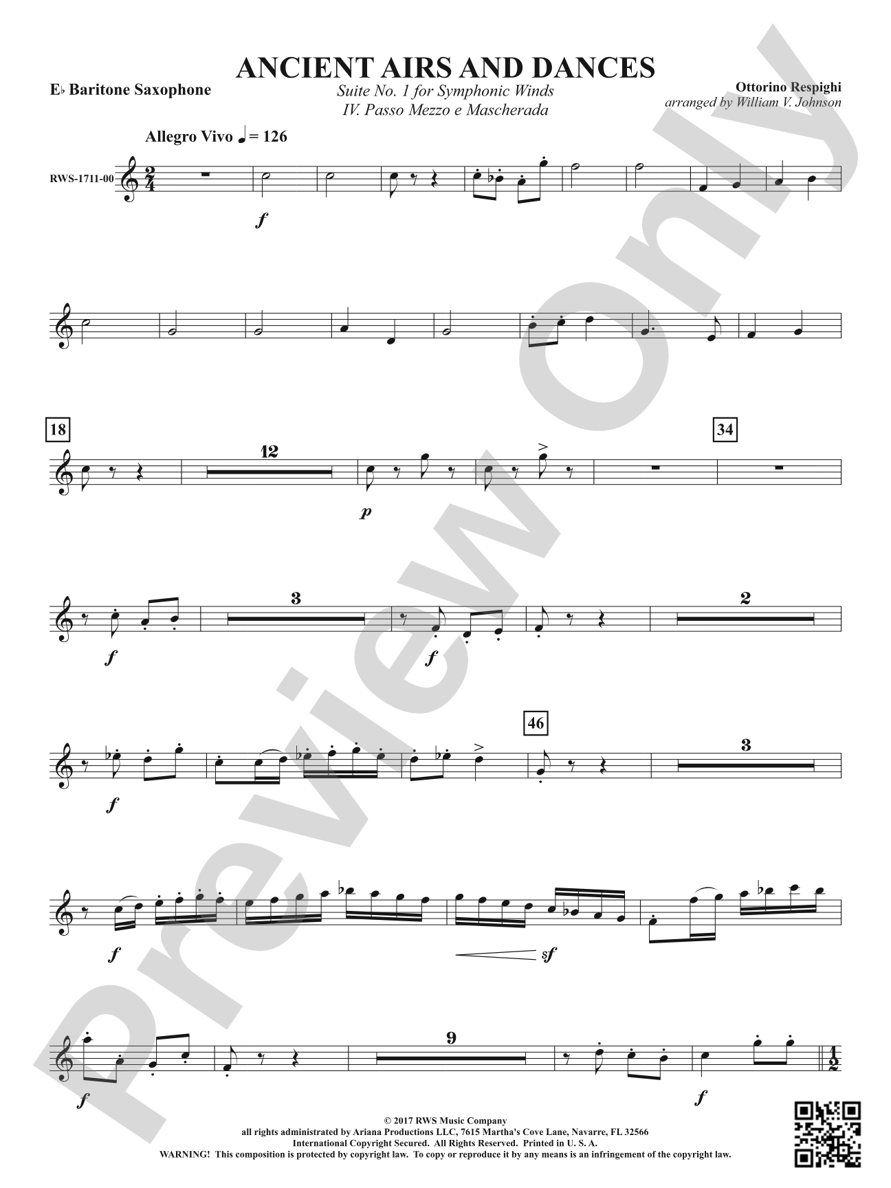 Ancient Airs and Dances - Suite No. 1 for Symphonic Winds - IV. Passo Mezzo e Mascherada: E-flat Baritone Saxophone