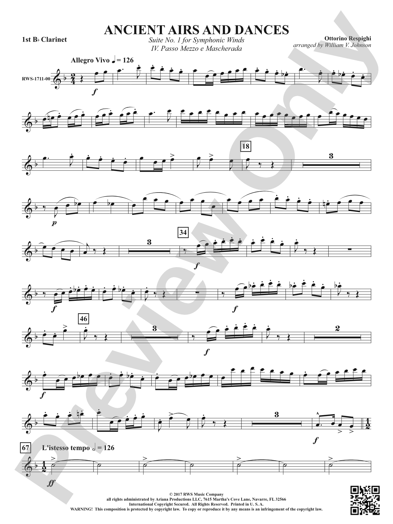 Ancient Airs and Dances - Suite No. 1 for Symphonic Winds - IV. Passo Mezzo e Mascherada: 1st B-flat Clarinet