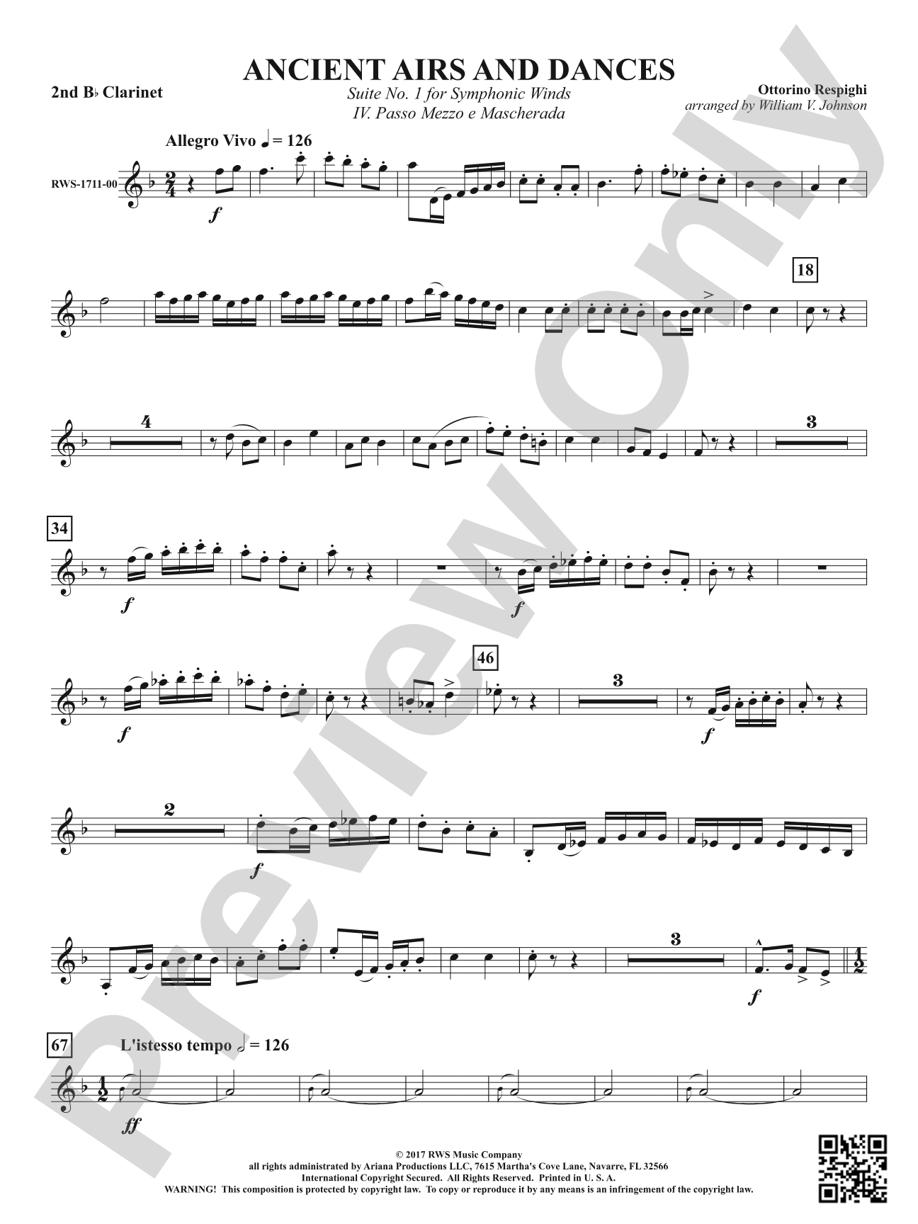 Ancient Airs and Dances - Suite No. 1 for Symphonic Winds - IV. Passo Mezzo e Mascherada: 2nd B-flat Clarinet