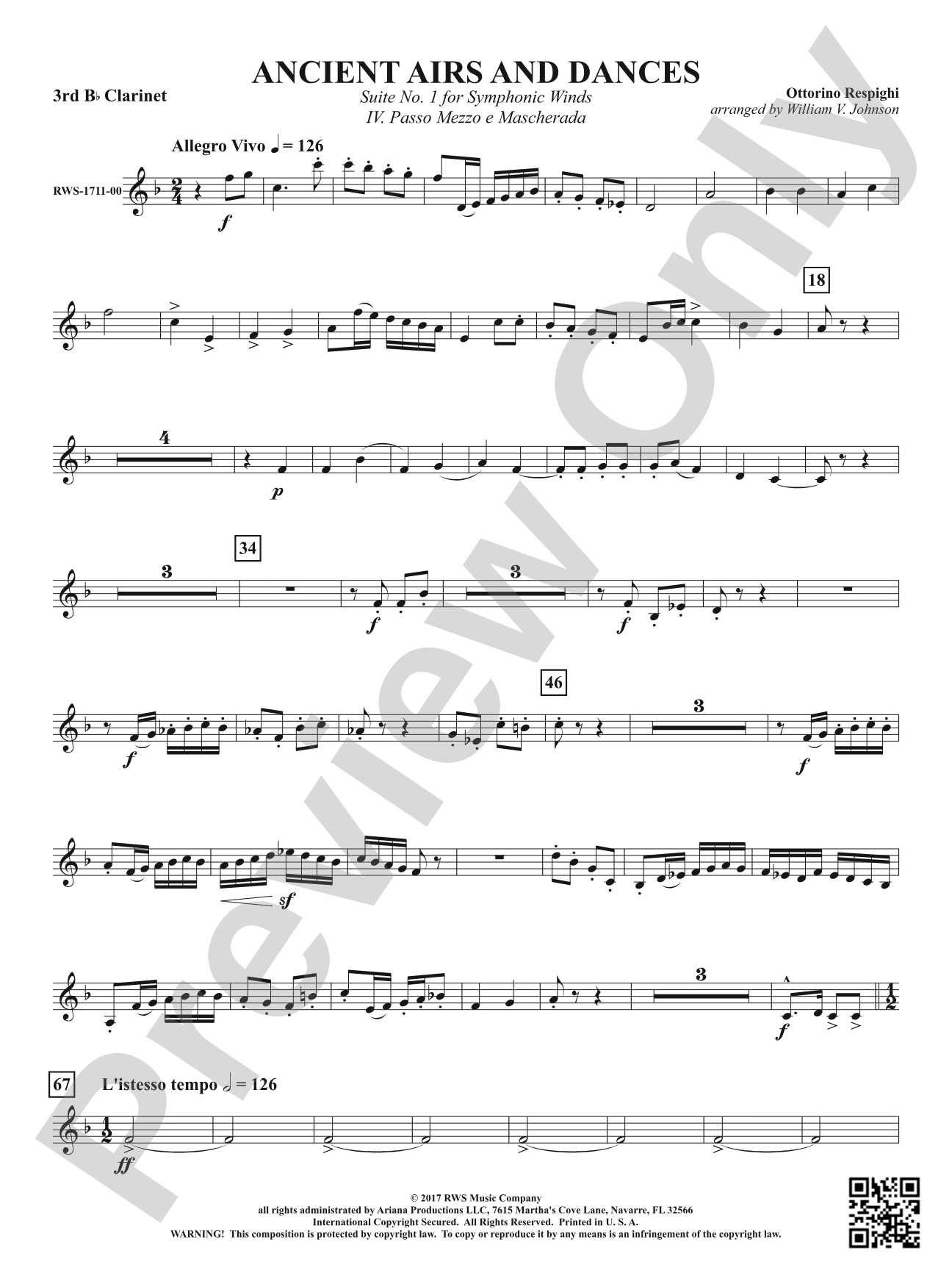 Ancient Airs and Dances - Suite No. 1 for Symphonic Winds - IV. Passo Mezzo e Mascherada: 3rd B-flat Clarinet