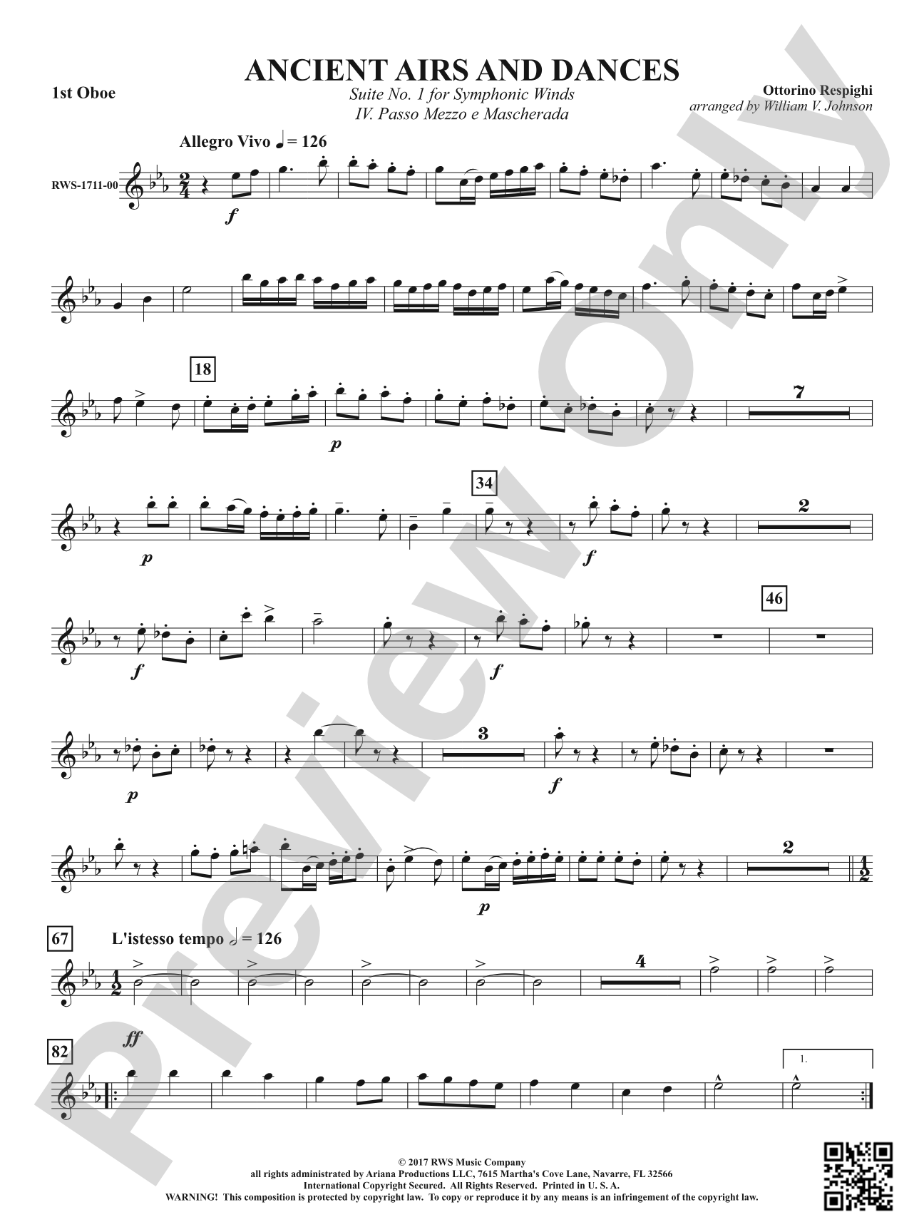 Ancient Airs and Dances - Suite No. 1 for Symphonic Winds - IV. Passo Mezzo e Mascherada: Oboe