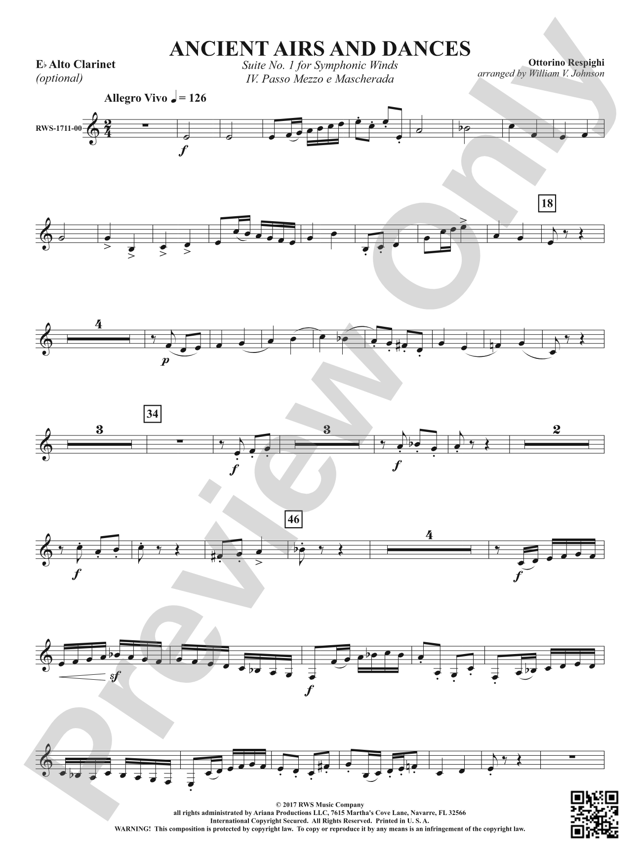 Ancient Airs and Dances - Suite No. 1 for Symphonic Winds - IV. Passo Mezzo e Mascherada: Optional E-flat Alto Clarinet
