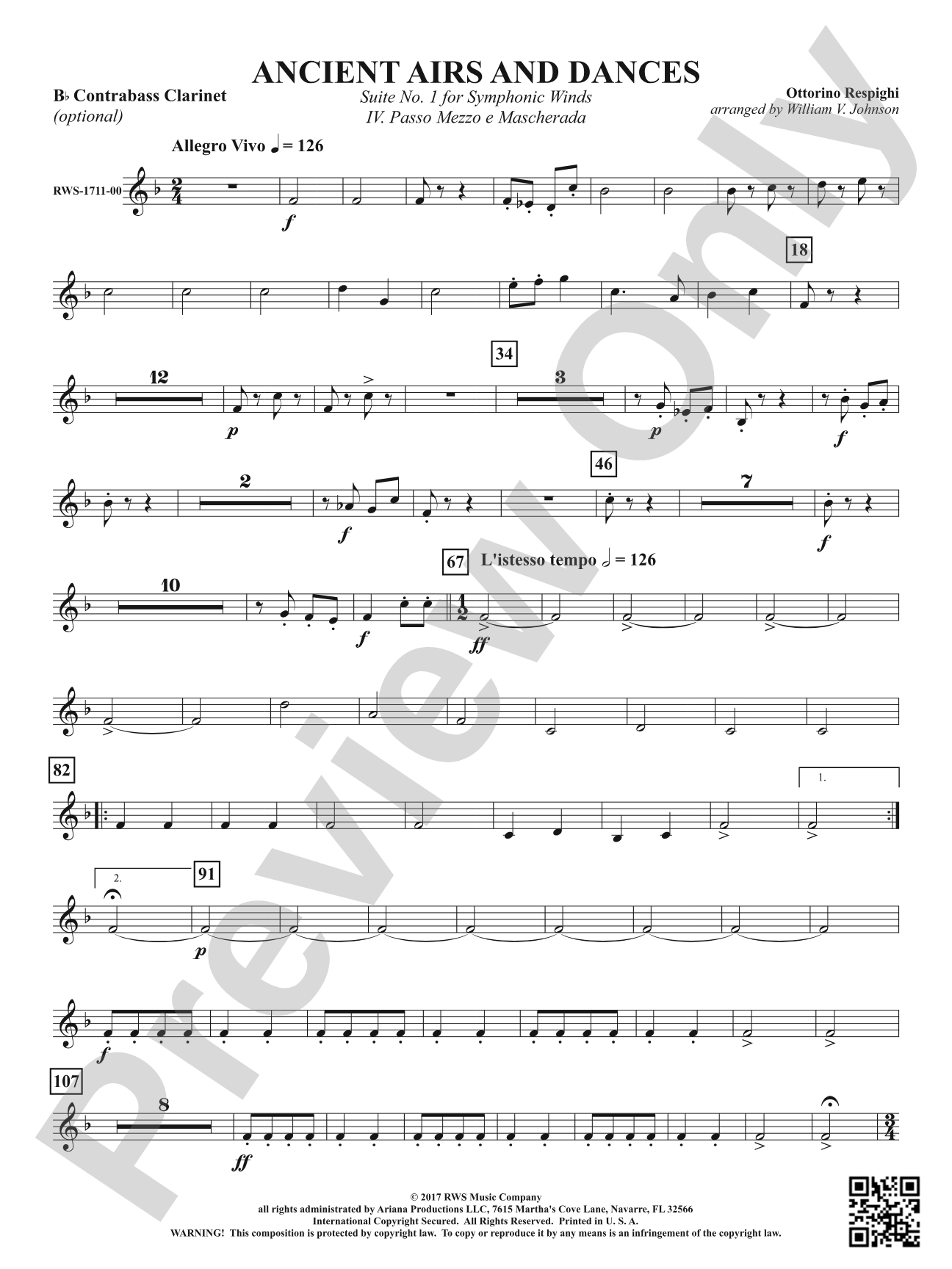 Ancient Airs and Dances - Suite No. 1 for Symphonic Winds - IV. Passo Mezzo e Mascherada: Optional B-flat Contrabass Clarinet