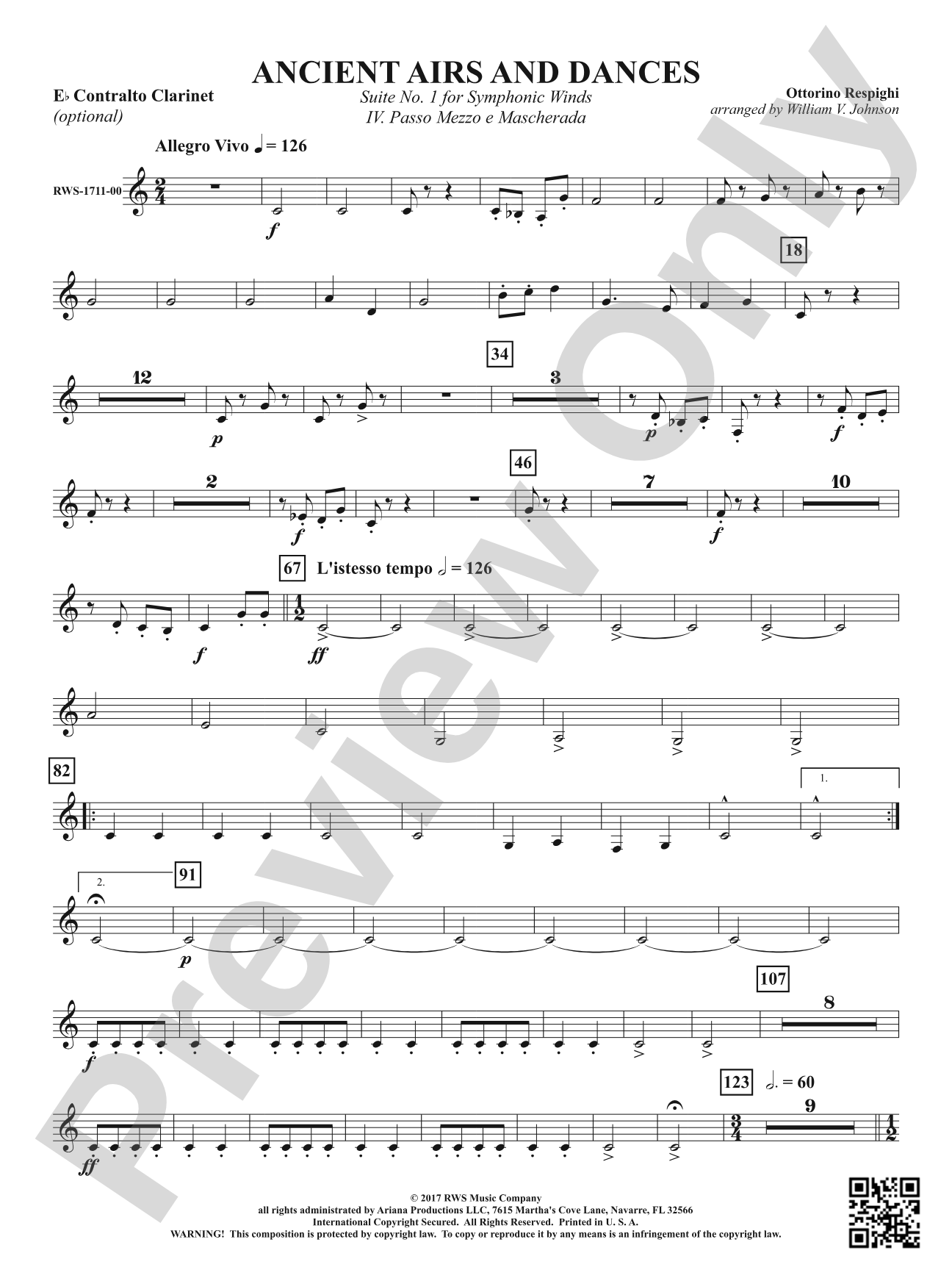 Ancient Airs and Dances - Suite No. 1 for Symphonic Winds - IV. Passo Mezzo e Mascherada: Optional E-flat Contra-Alto Clarinet