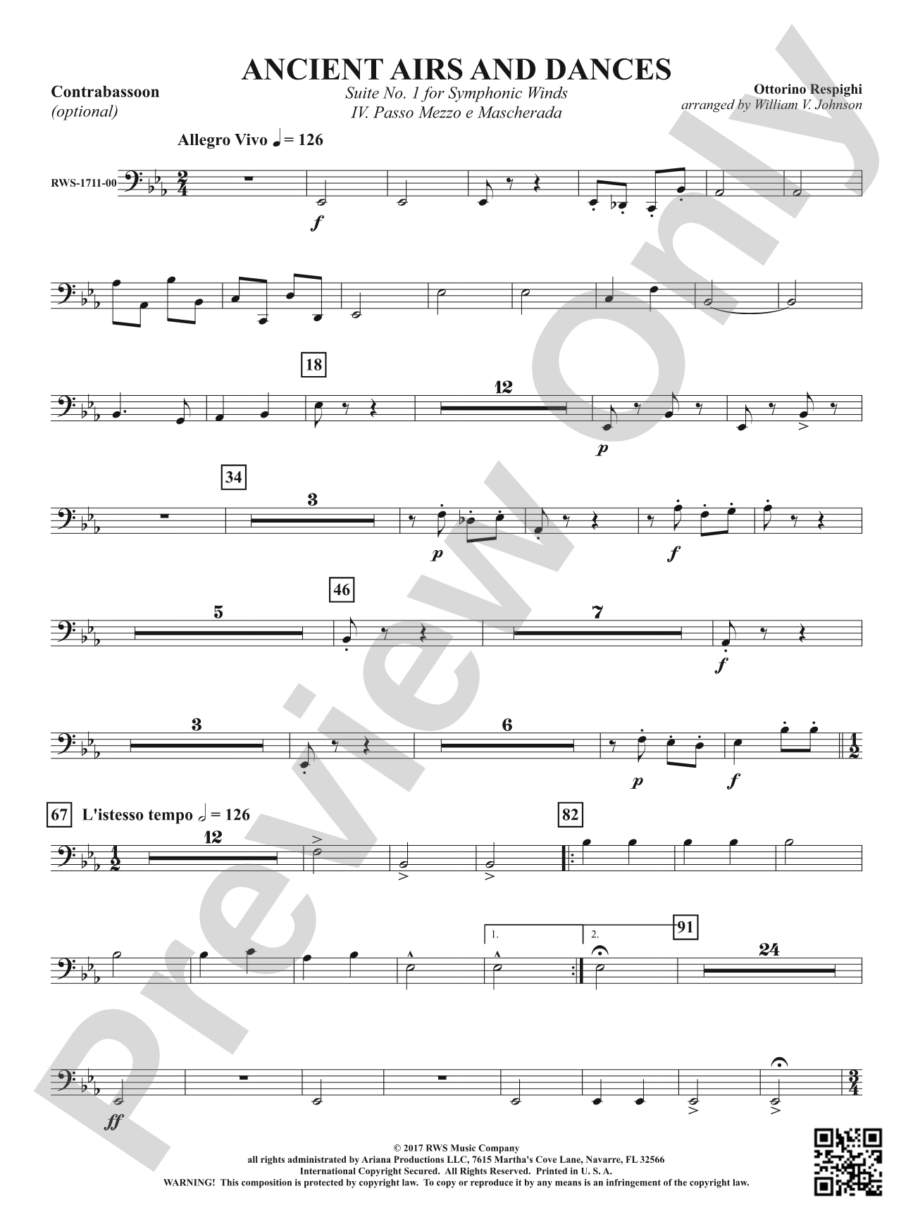 Ancient Airs and Dances - Suite No. 1 for Symphonic Winds - IV. Passo Mezzo e Mascherada: Optional Contrabassoon