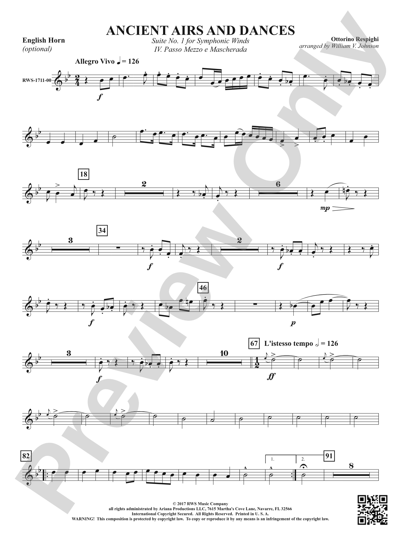 Ancient Airs and Dances - Suite No. 1 for Symphonic Winds - IV. Passo Mezzo e Mascherada: Optional English Horn
