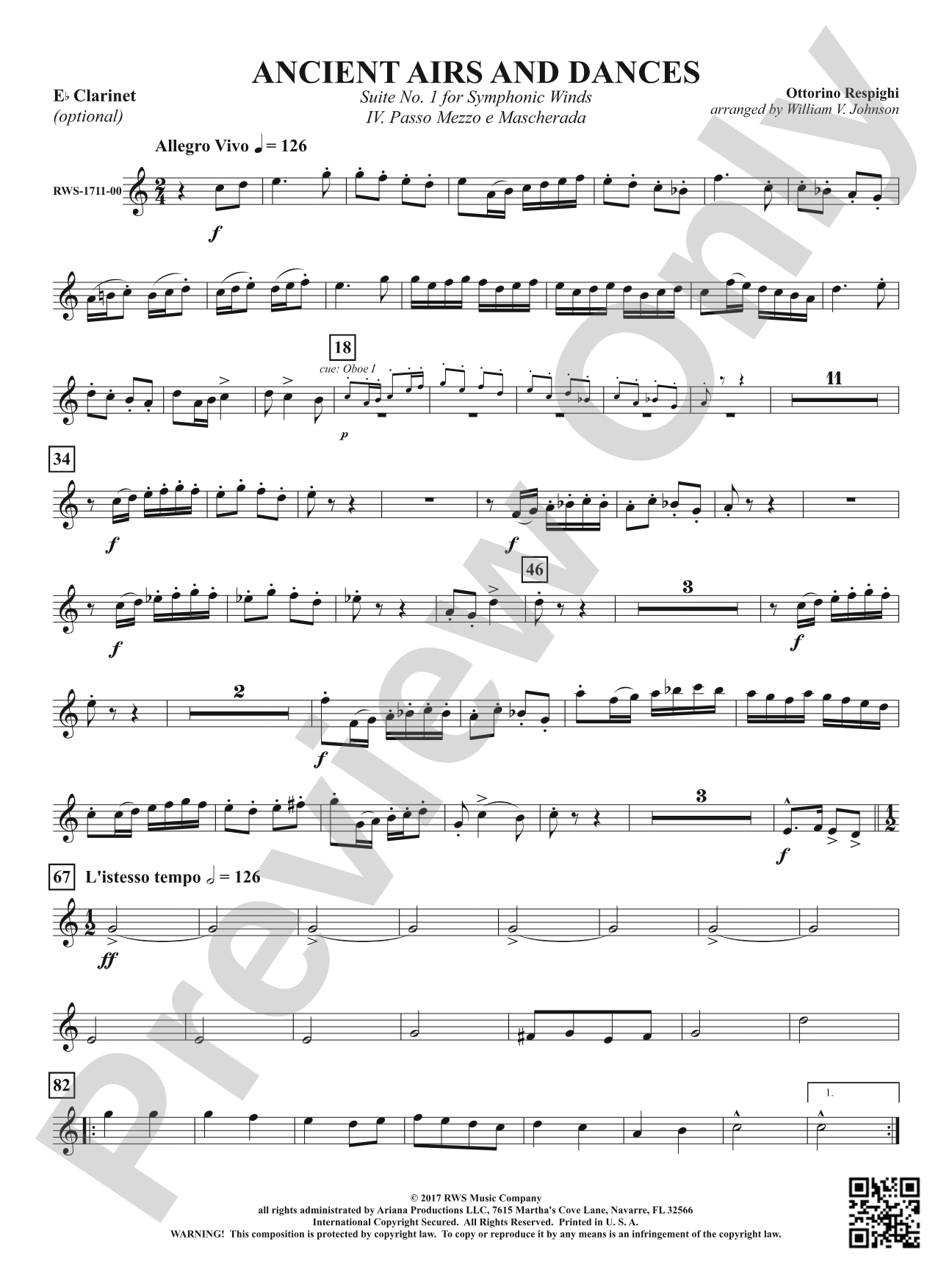 Ancient Airs and Dances - Suite No. 1 for Symphonic Winds - IV. Passo Mezzo e Mascherada: Optional E-flat Clarinet