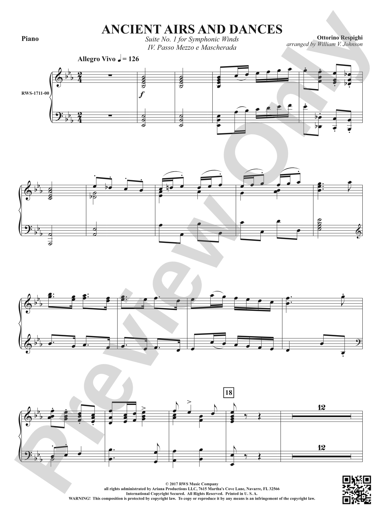 Ancient Airs and Dances - Suite No. 1 for Symphonic Winds - IV. Passo Mezzo e Mascherada: Piano