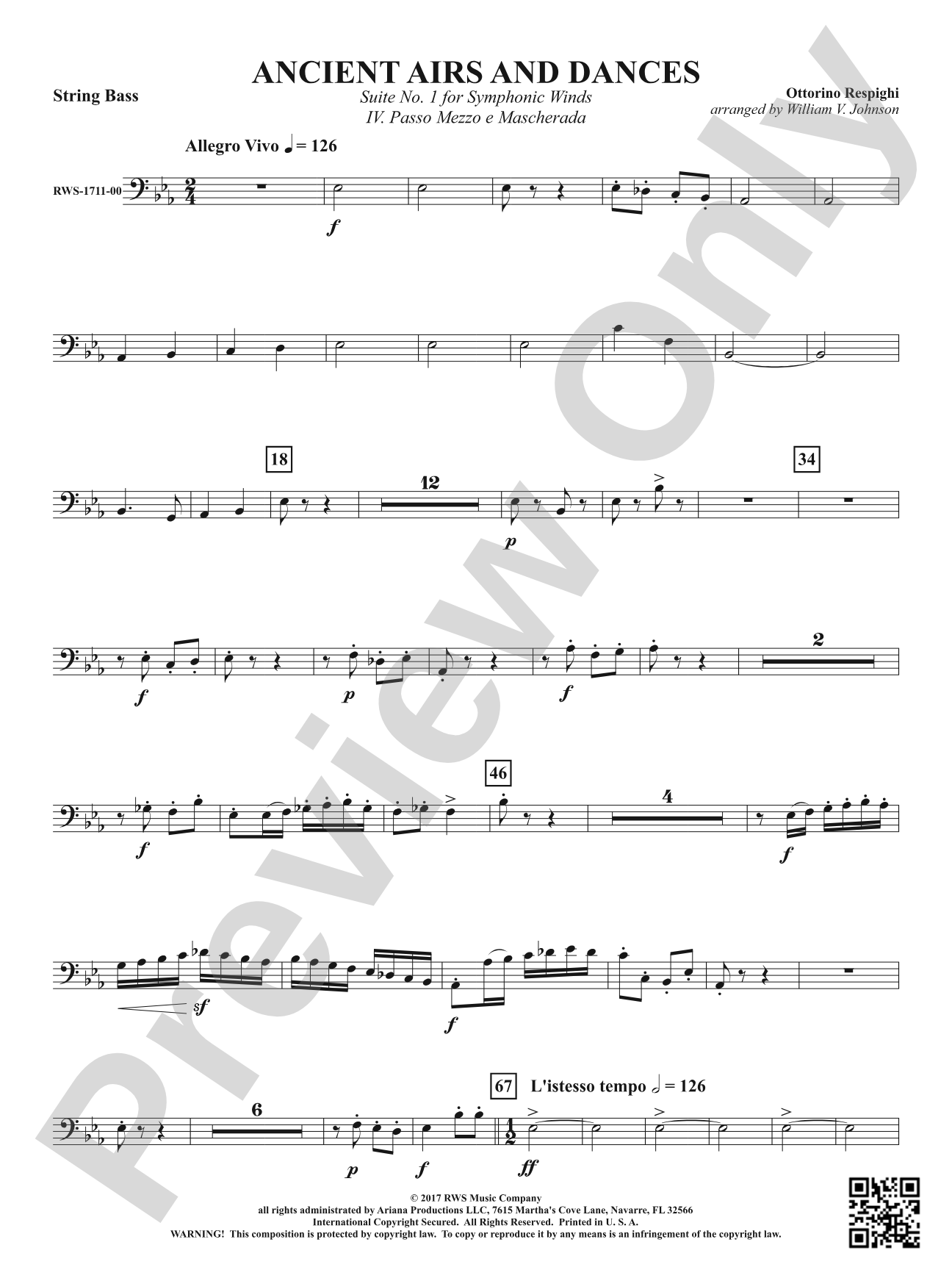 Ancient Airs and Dances - Suite No. 1 for Symphonic Winds - IV. Passo Mezzo e Mascherada: String Bass