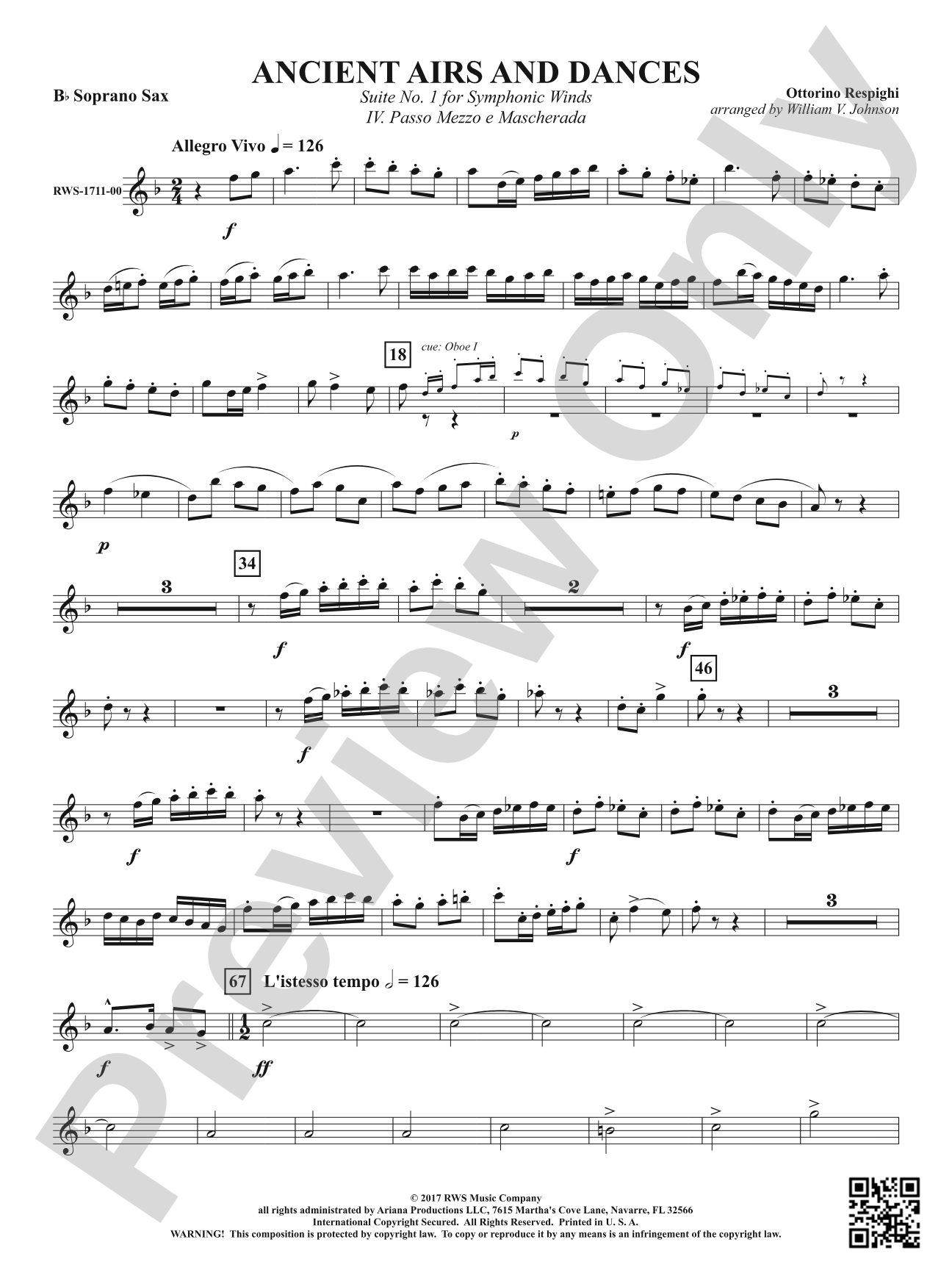 Ancient Airs and Dances - Suite No. 1 for Symphonic Winds - IV. Passo Mezzo e Mascherada: B-flat Soprano Saxophone