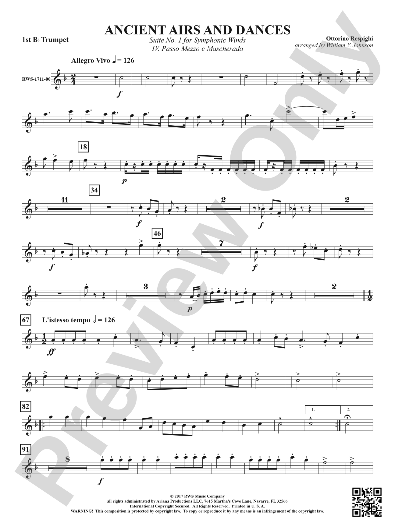Ancient Airs and Dances - Suite No. 1 for Symphonic Winds - IV. Passo Mezzo e Mascherada: 1st B-flat Trumpet