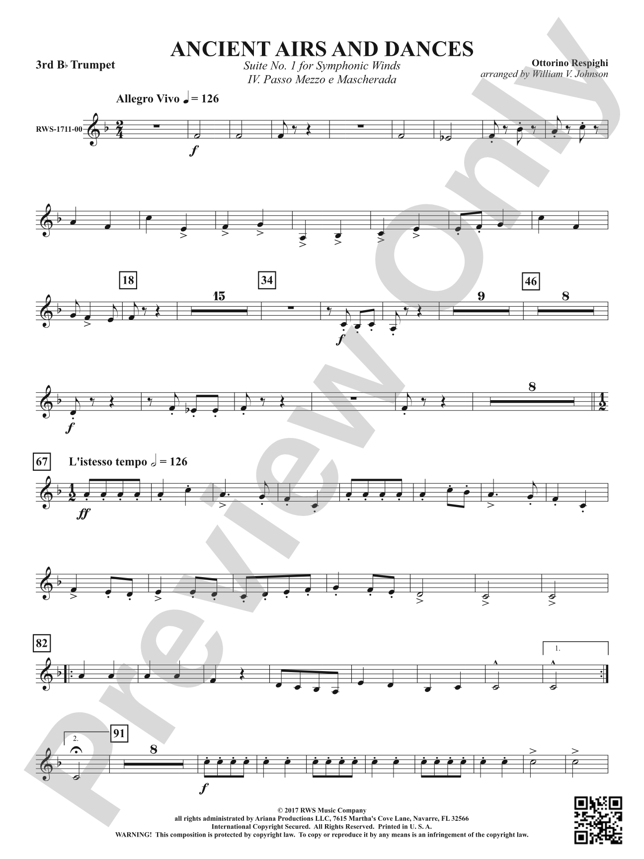 Ancient Airs and Dances - Suite No. 1 for Symphonic Winds - IV. Passo Mezzo e Mascherada: 3rd B-flat Trumpet