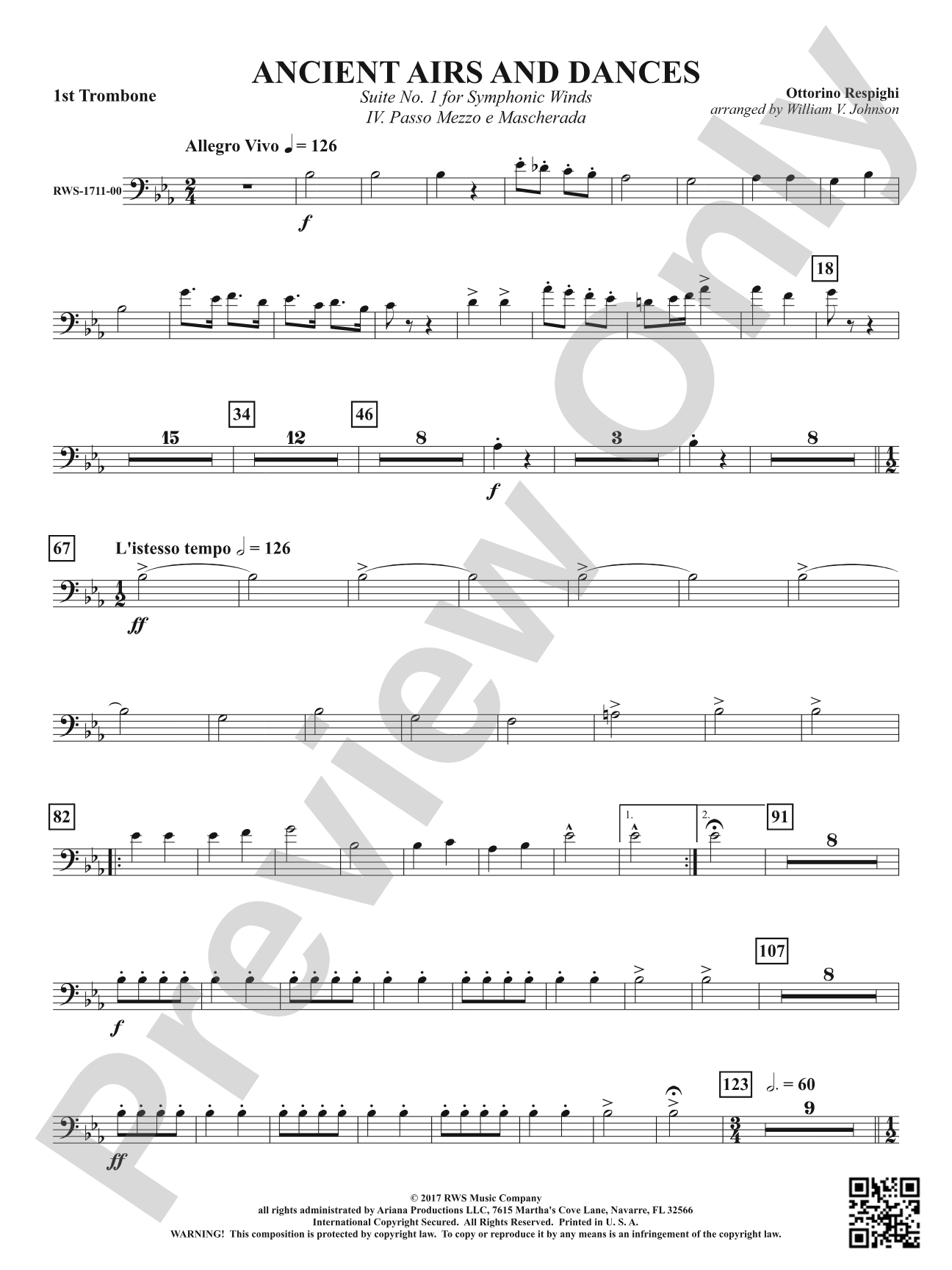Ancient Airs and Dances - Suite No. 1 for Symphonic Winds - IV. Passo Mezzo e Mascherada: 1st Trombone