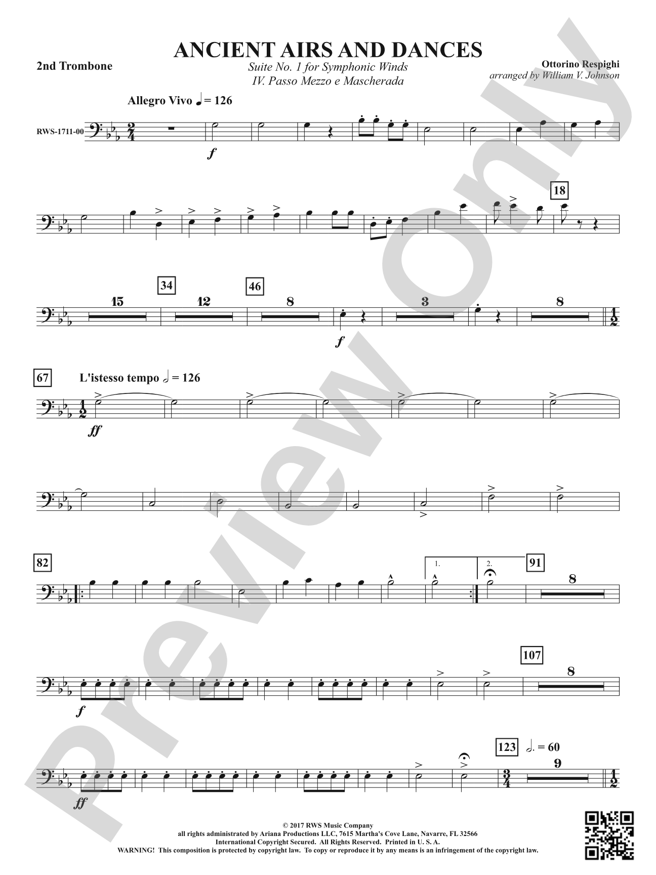 Ancient Airs and Dances - Suite No. 1 for Symphonic Winds - IV. Passo Mezzo e Mascherada: 2nd Trombone