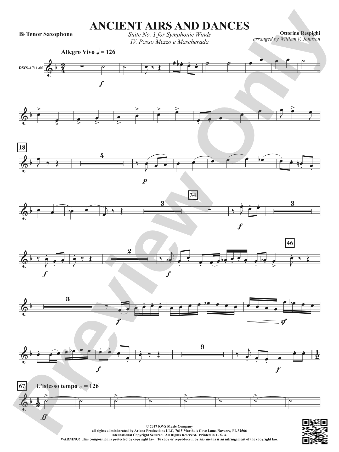 Ancient Airs and Dances - Suite No. 1 for Symphonic Winds - IV. Passo Mezzo e Mascherada: B-flat Tenor Saxophone
