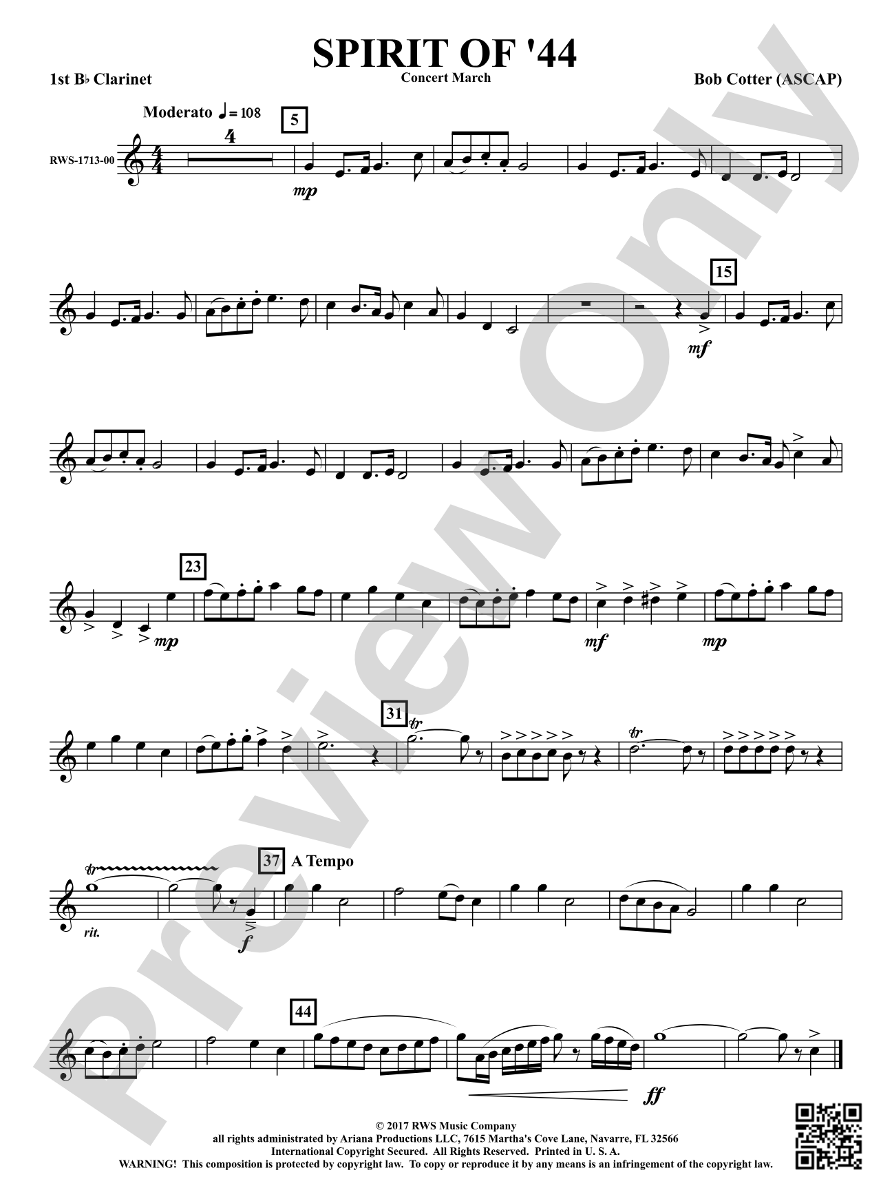 Spirit Of '44 - Concert March: 1st B-flat Clarinet