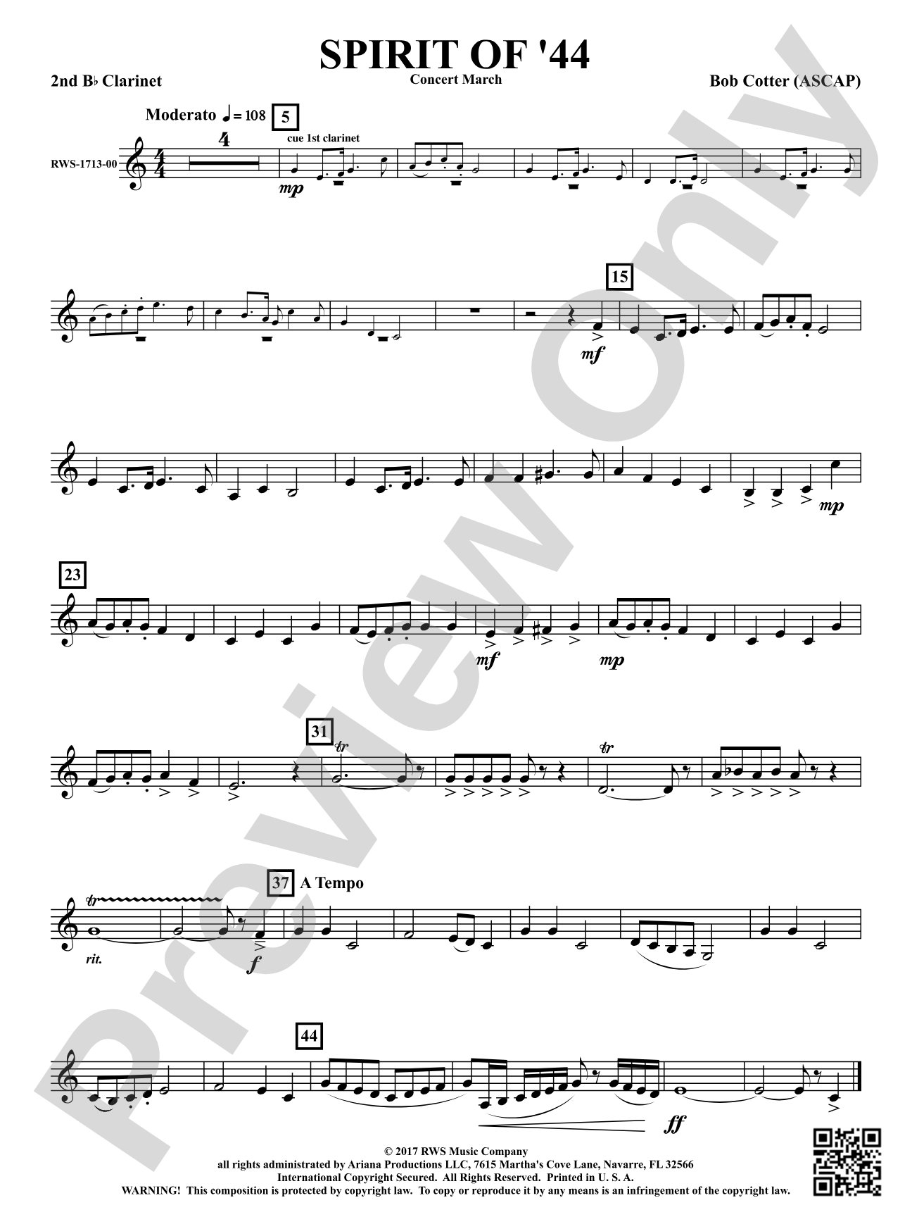 Spirit Of '44 - Concert March: 2nd B-flat Clarinet