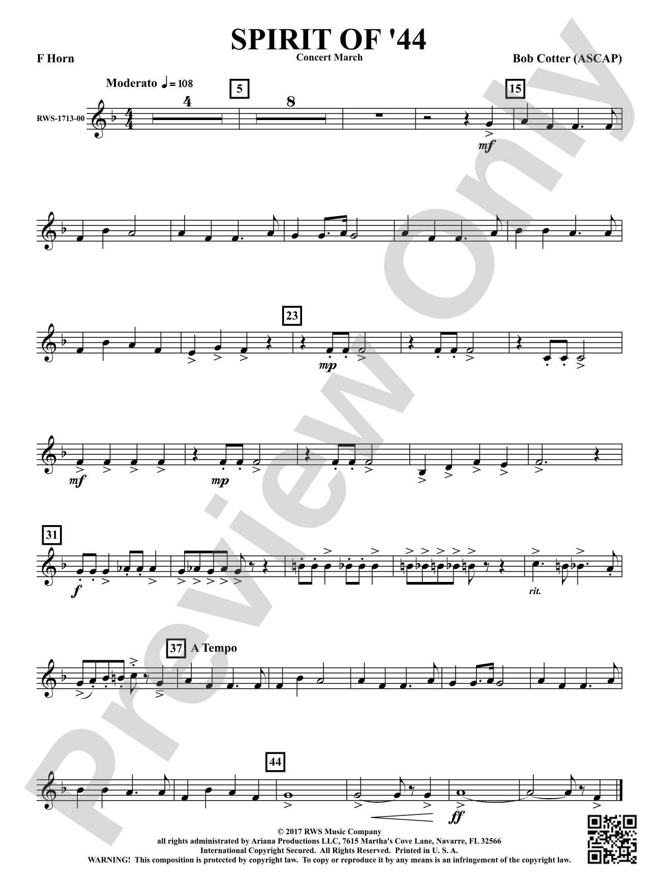 Spirit Of '44 - Concert March: 1st F Horn