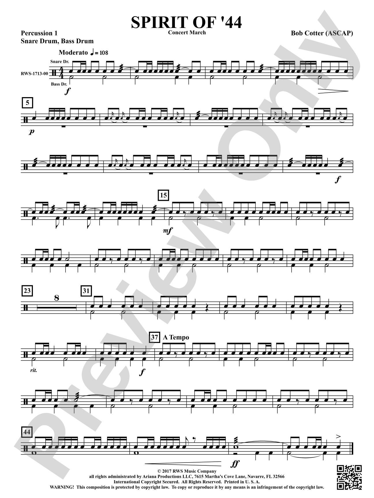 Spirit Of '44 - Concert March: 1st Percussion