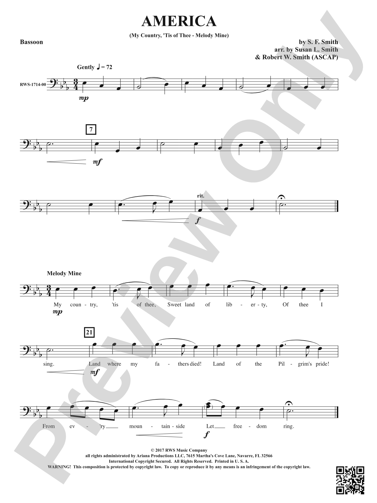 America: My Country 'Tis of Thee - Melody Mine: Bassoon