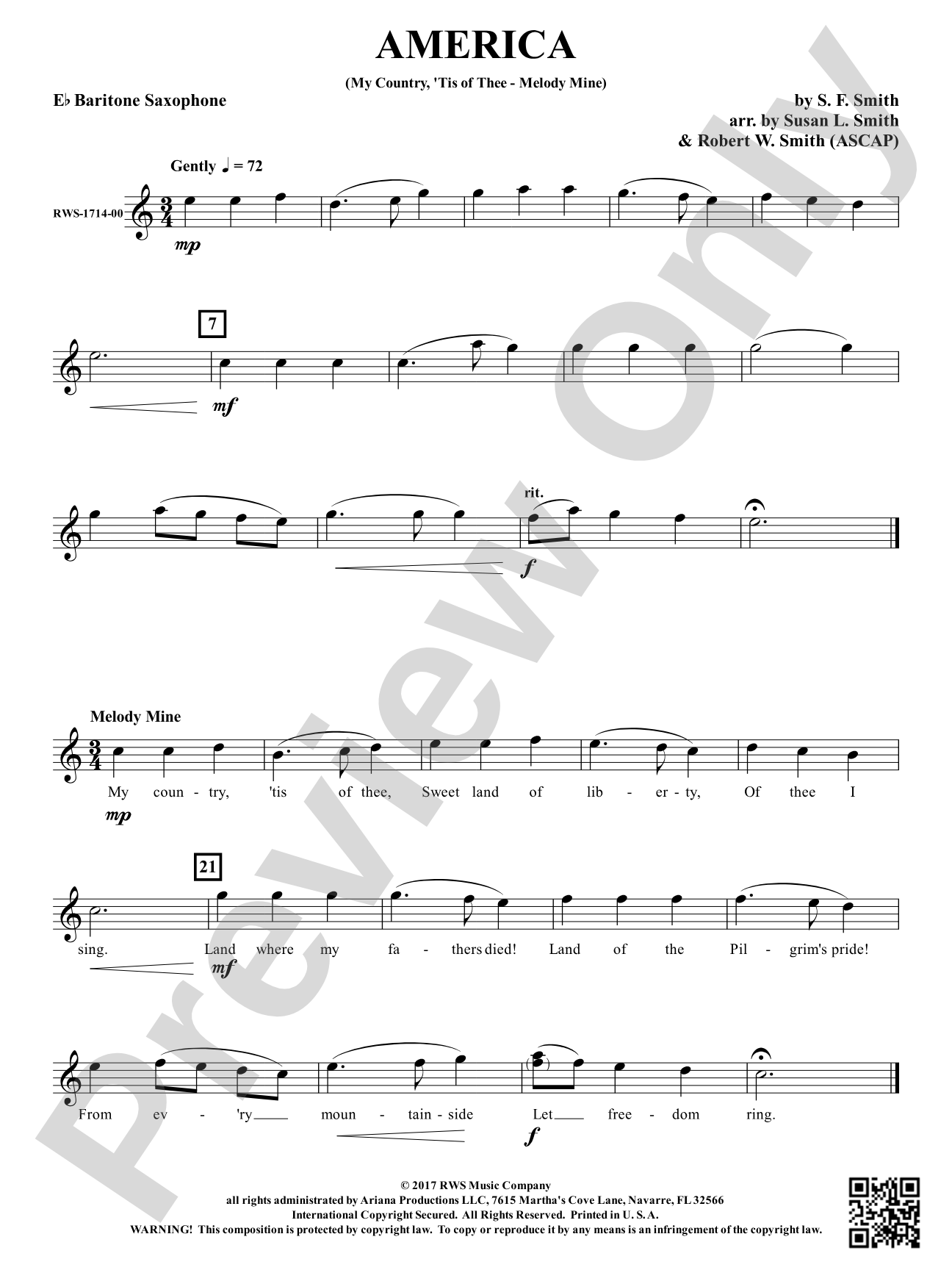 America: My Country 'Tis of Thee - Melody Mine: E-flat Baritone Saxophone