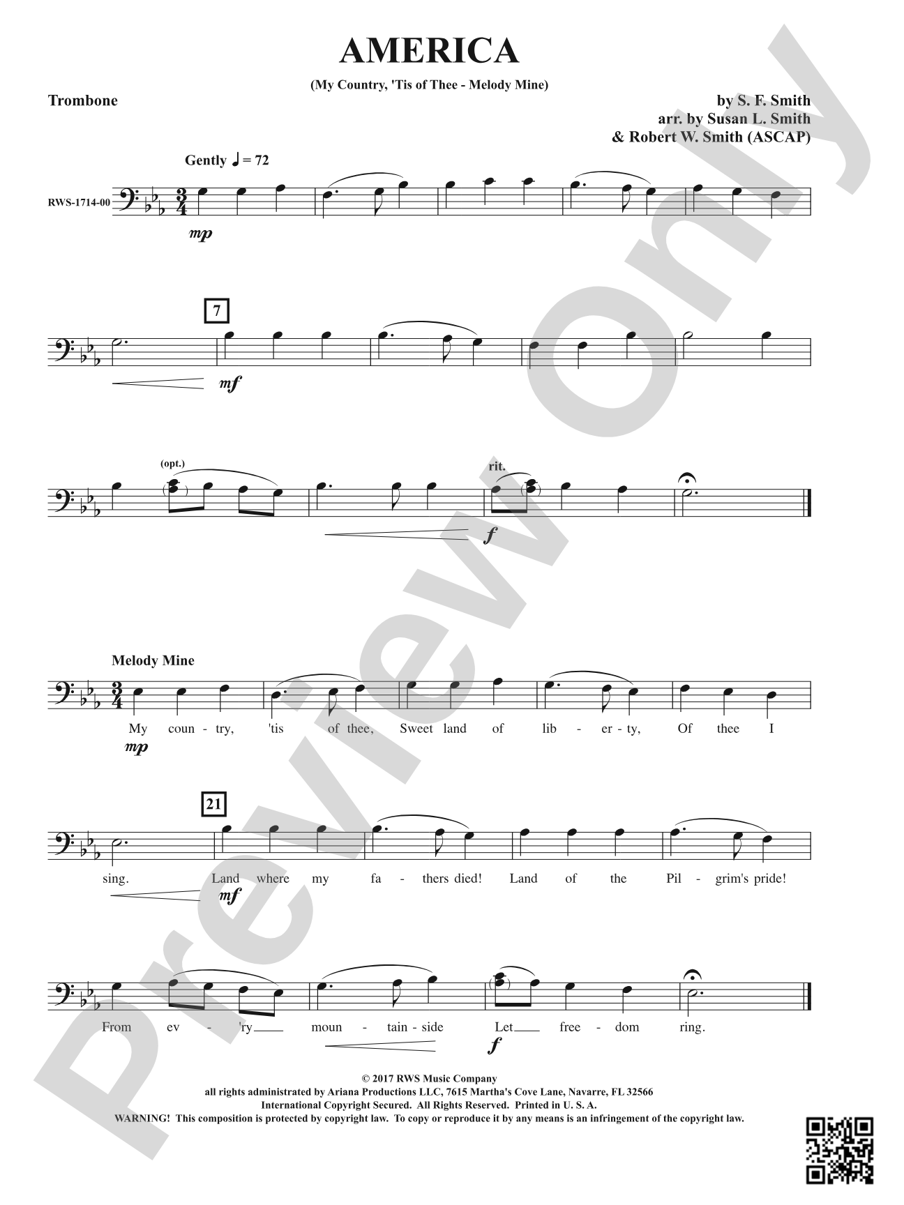 America: My Country 'Tis of Thee - Melody Mine: 1st Trombone