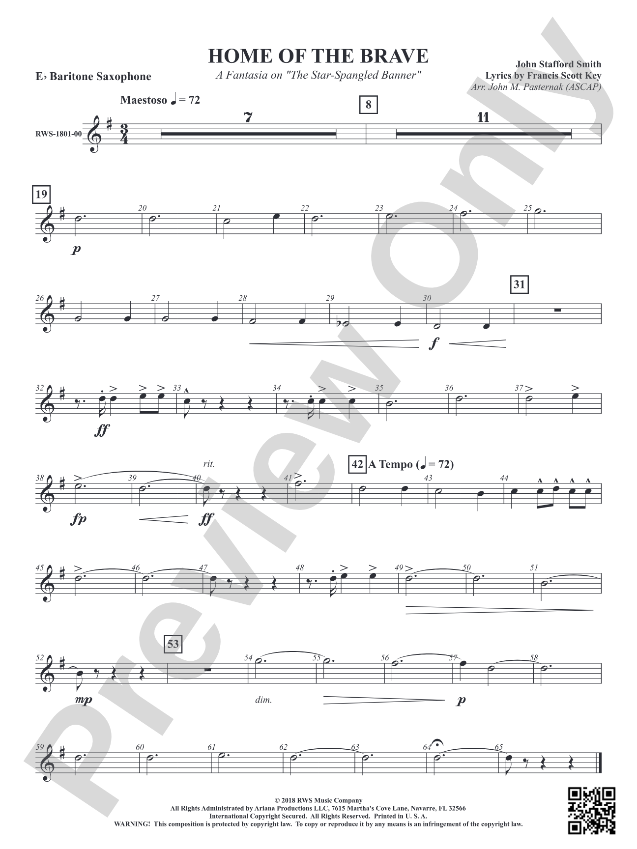 Home of the Brave - A Fantasia on "The Star Spangled Banner": E-flat Baritone Saxophone