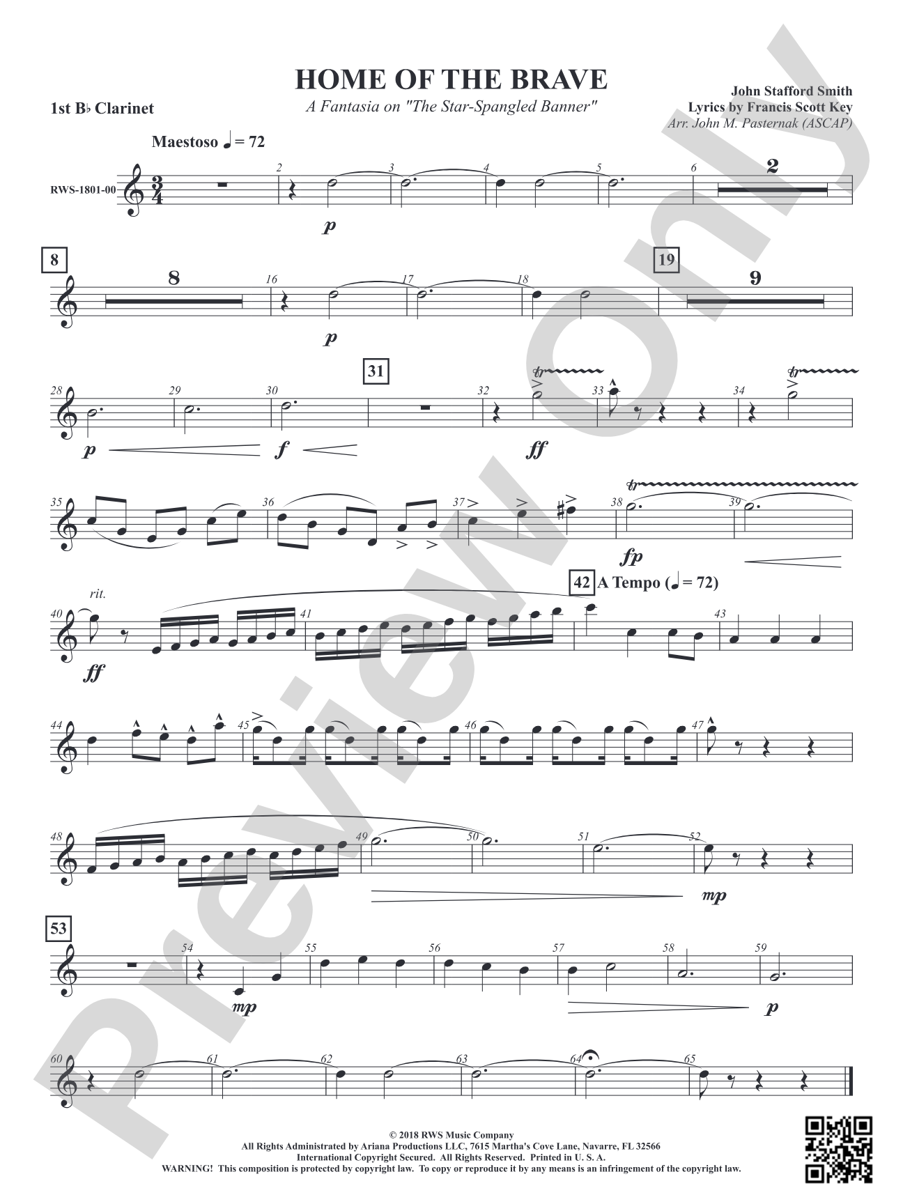 Home of the Brave - A Fantasia on "The Star Spangled Banner": 1st B-flat Clarinet