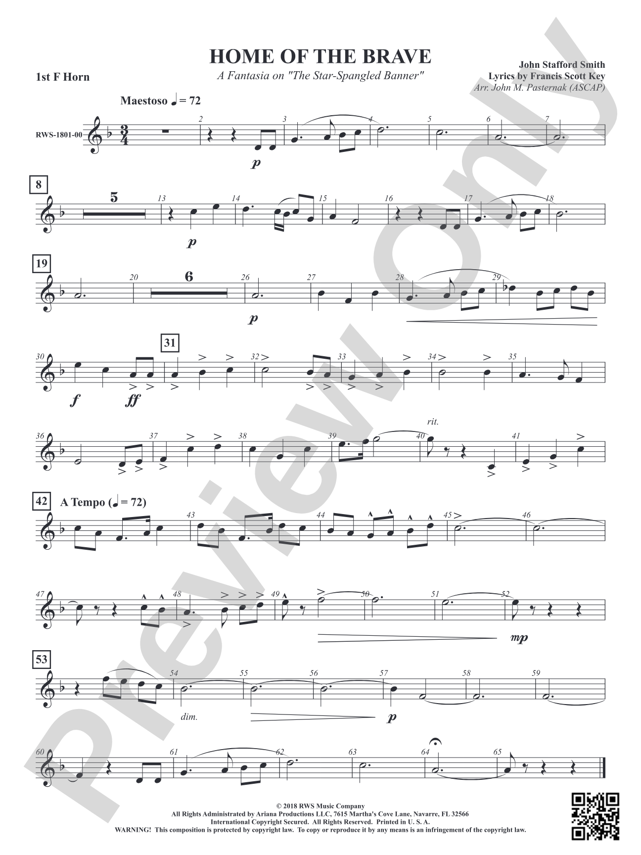 Home of the Brave - A Fantasia on "The Star Spangled Banner": 1st F Horn