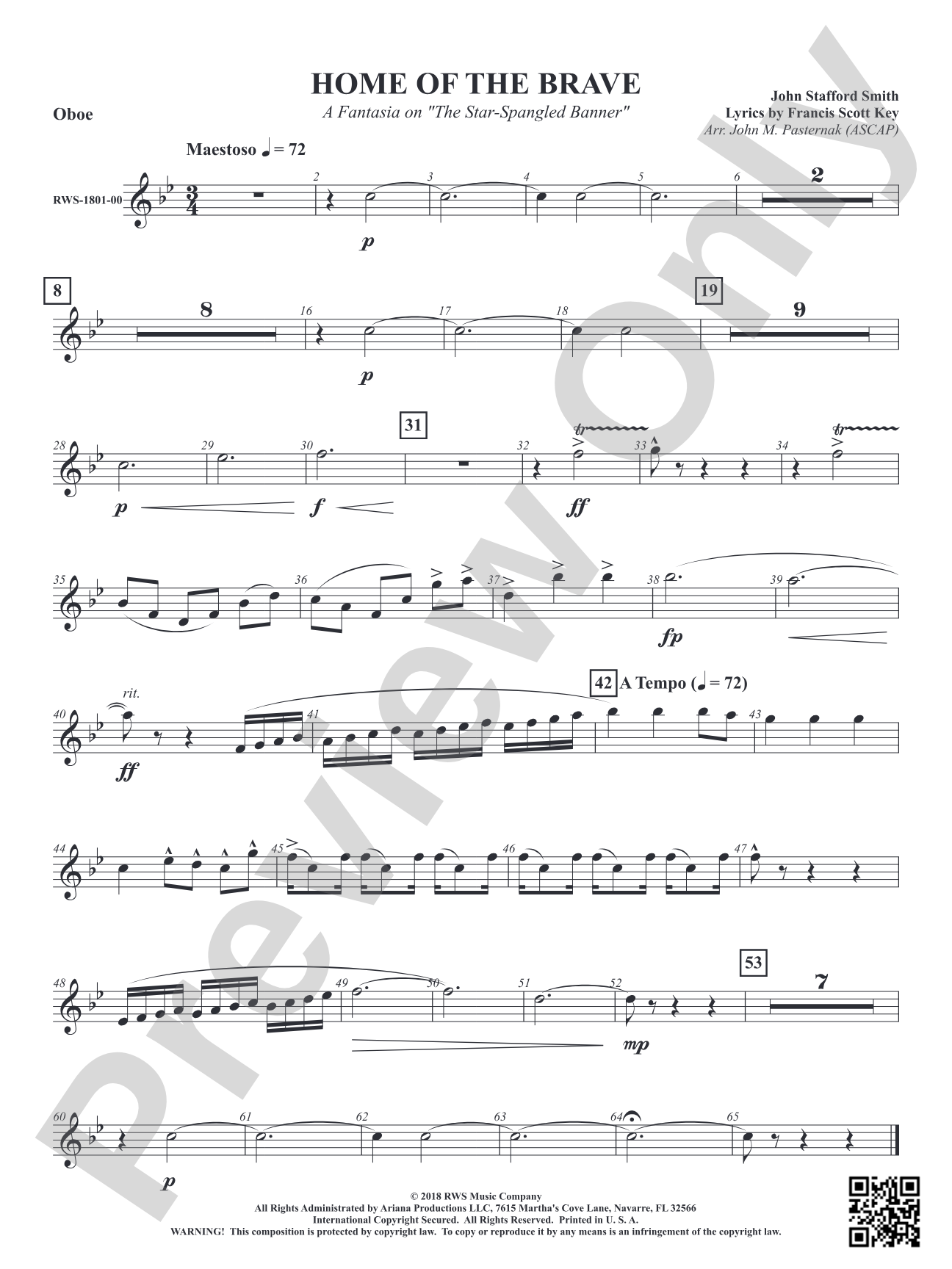 Home of the Brave - A Fantasia on "The Star Spangled Banner": Oboe